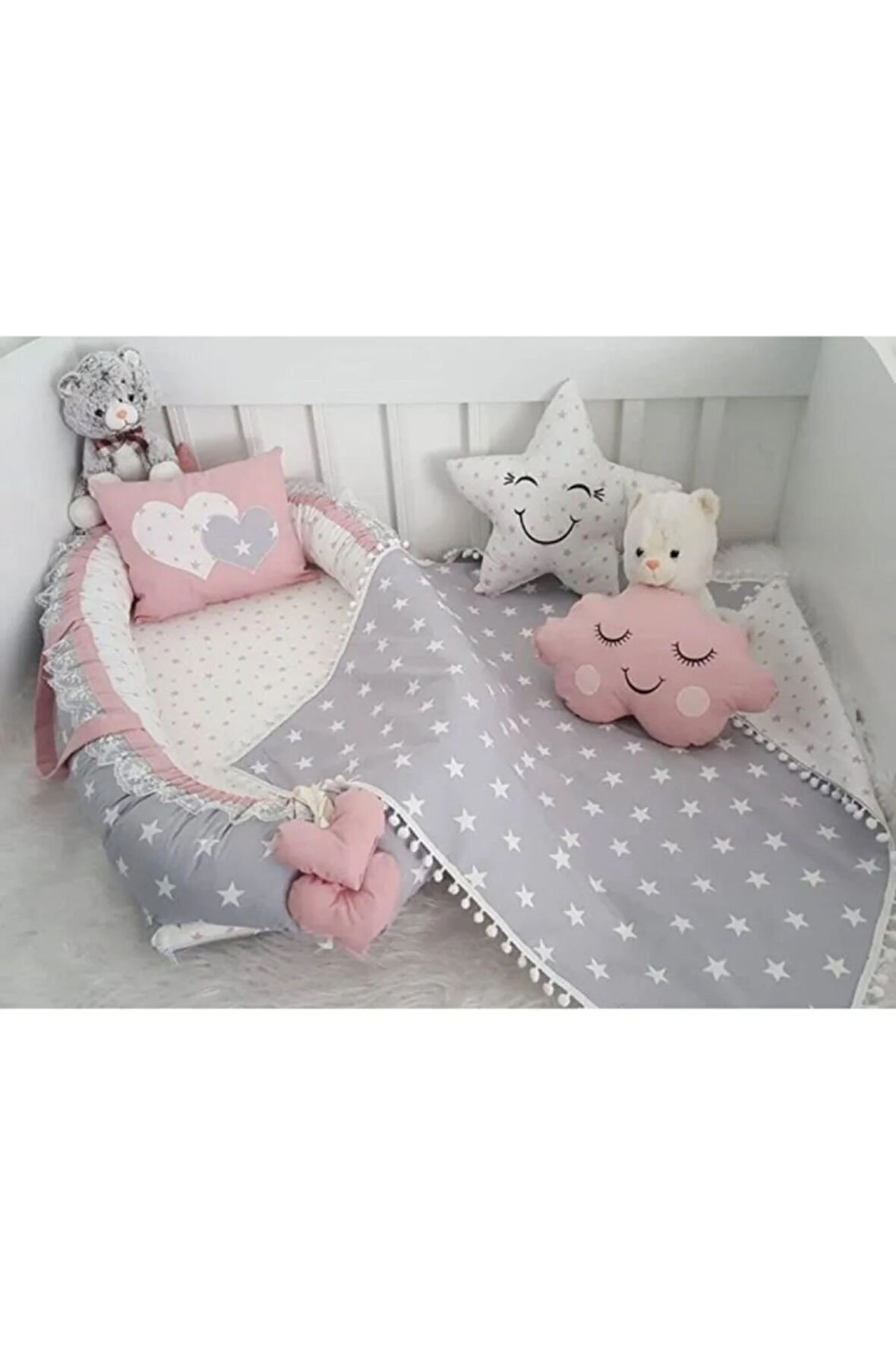 Nest Gri Yıldız Desenli Lüx Ortopedik Jaju-babynest Set Anne Yanı Bebek Yatağı