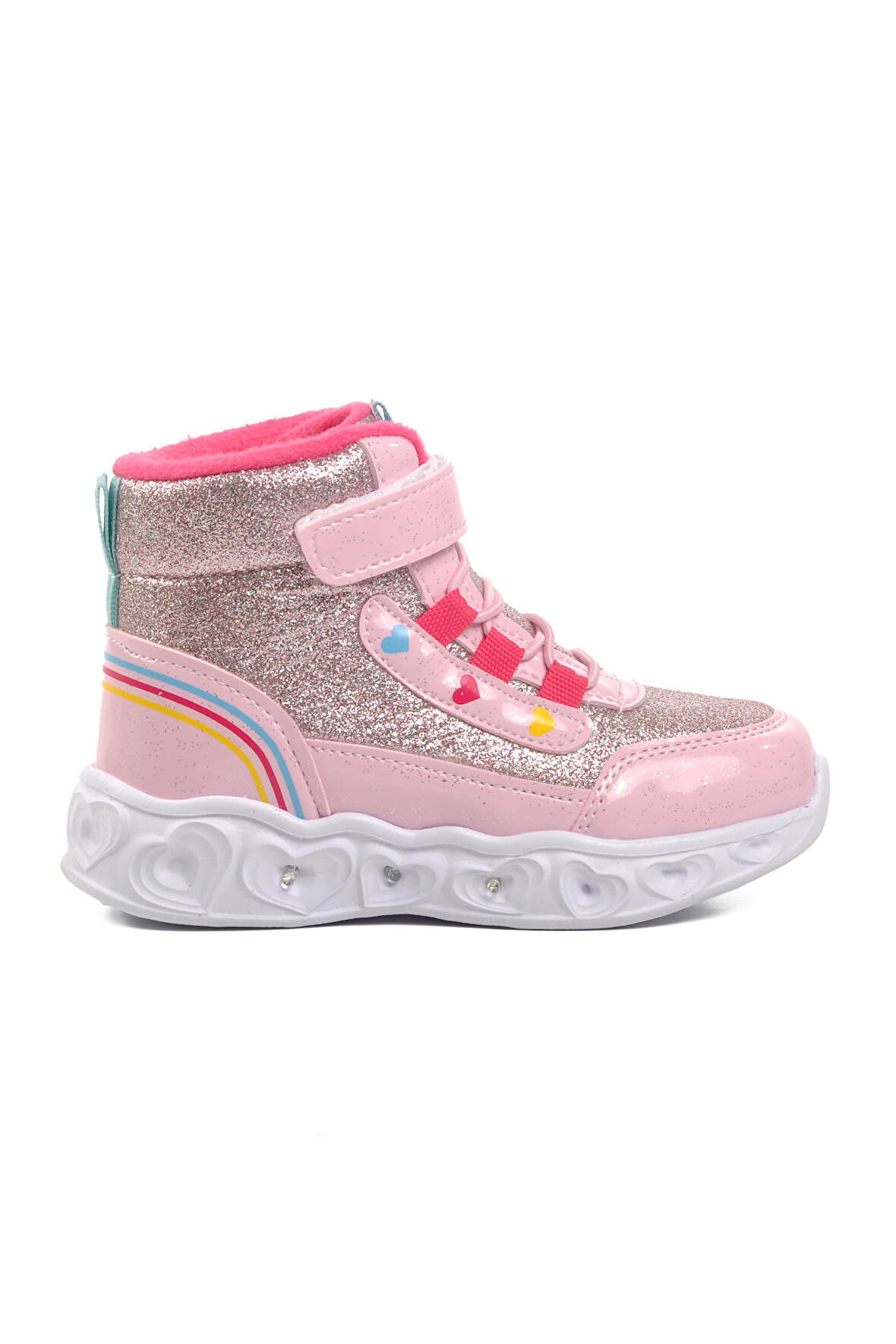 Ayakmod Kids-P Pudra Kalp Desenli Simli Kız Çocuk Sneaker Bot