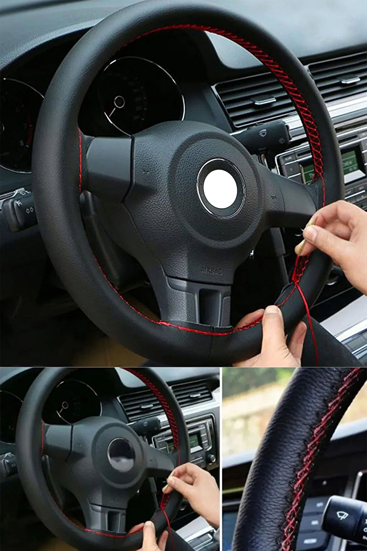 Nissan Qashqai  (2007-2018) Uyumlu Direksiyon Kılıfı Dikmeli Siyah Deri/Kırmızı Dikişli