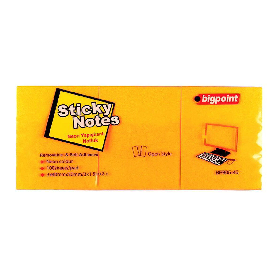 Bigpoint Yapışkanlı Not Kağıdı 3'lü 40x50mm Neon Turuncu