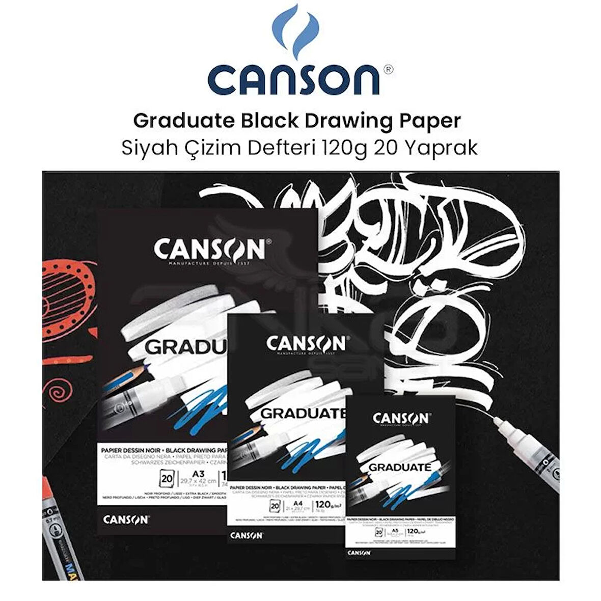 Canson Graduate Black Drawing Paper Siyah Çizim Defteri 120g 20 Yaprak