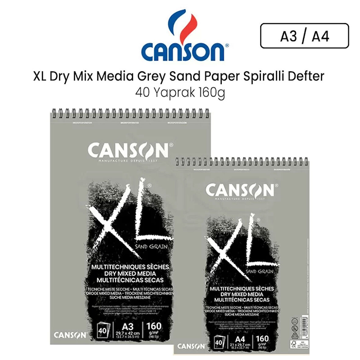 Canson XL Dry Mix Media Grey Sand Paper Spiralli Defter 40 Yaprak 160g