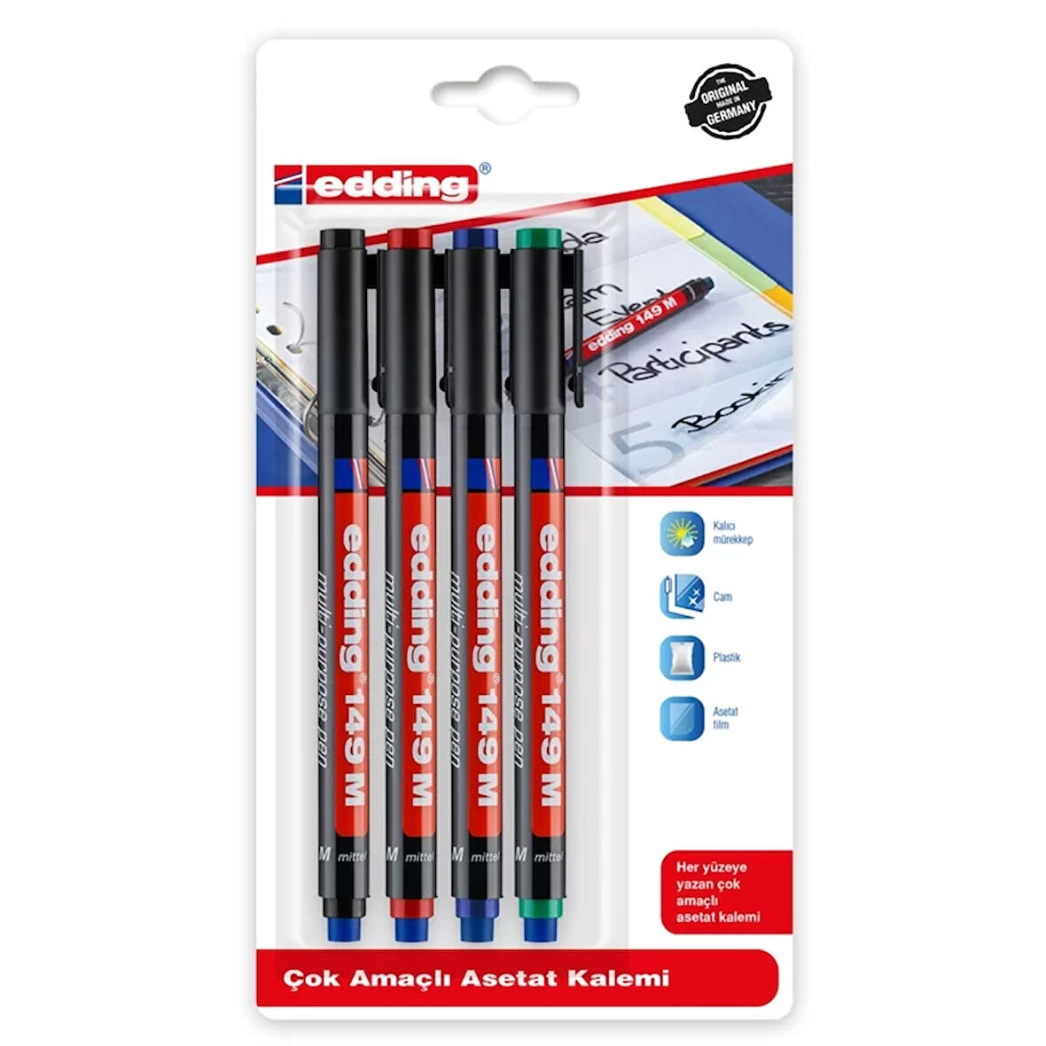 EDDİNG 149M ASETAT KALEMİ 1mm SİLGİLİ KARIŞIK 4LÜ