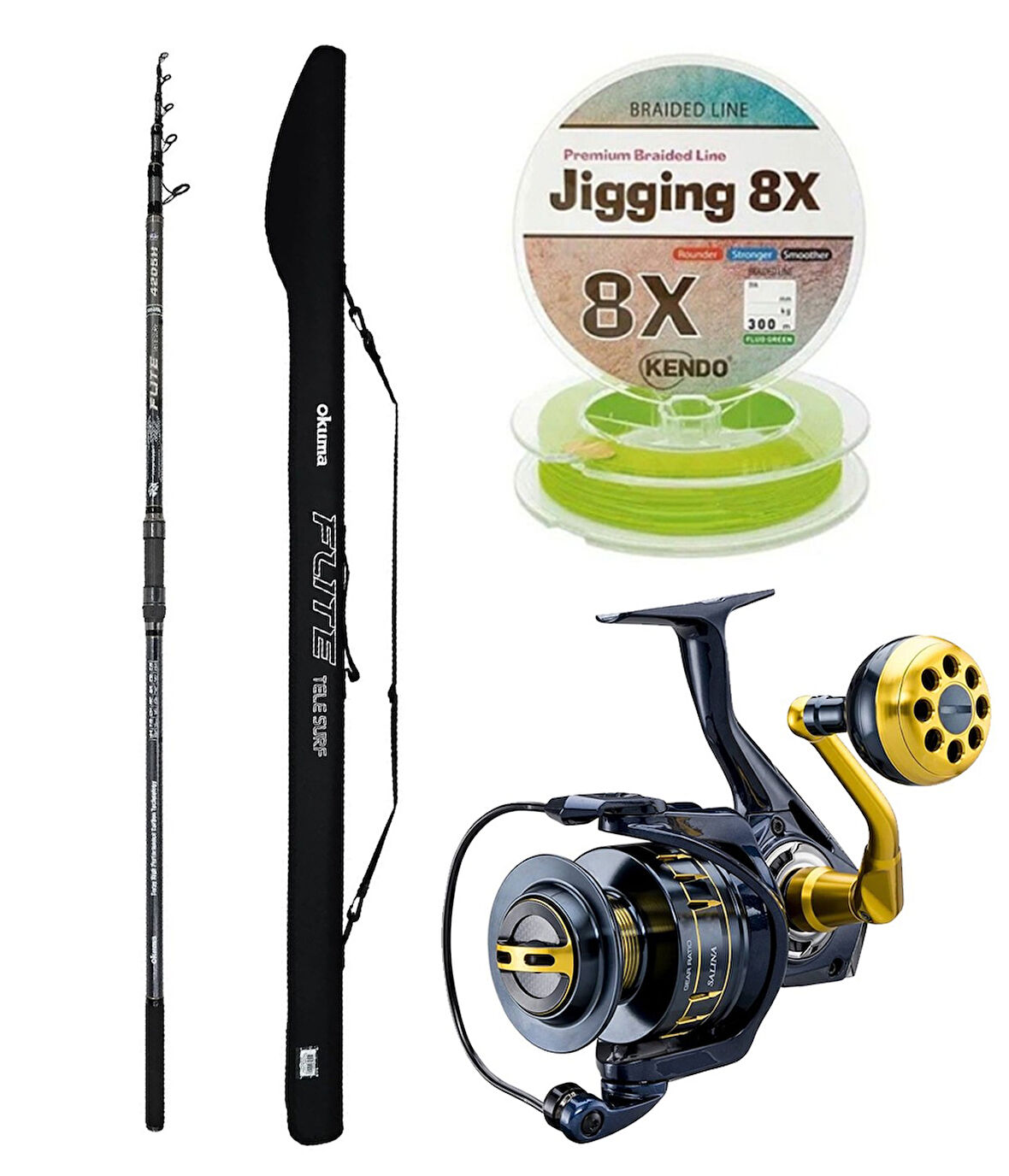YekOutdoor Profesyonel Olta Seti Okuma Flite Tele Surf 420cm 100-200gr 5 Parça Olta Kamışı&Okuma Salina SA-8000A Blue 6+1BB Olta Makinesi