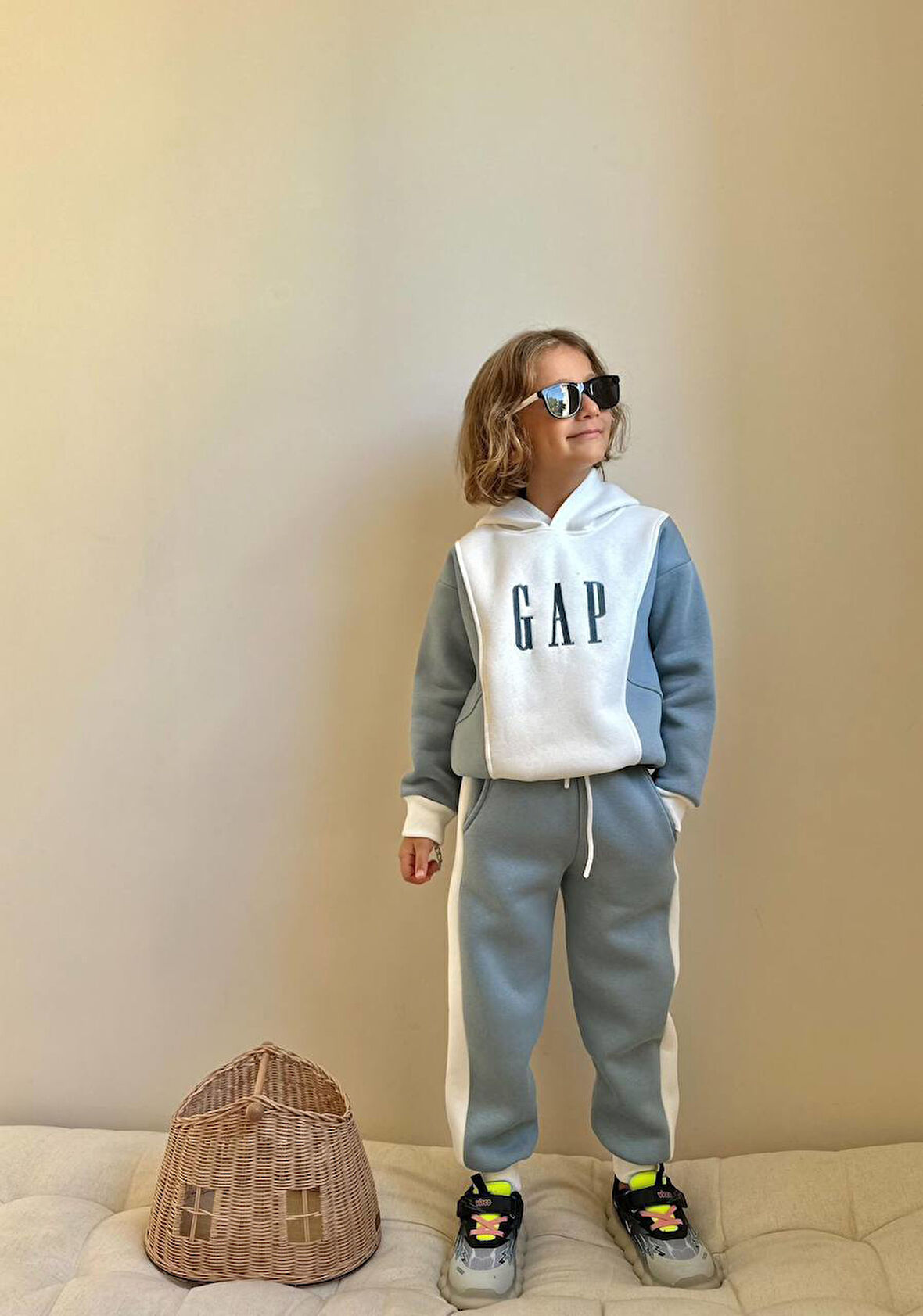 Erkek Çocuk Kapüşonlu Sweatshirt Blok Renkli Kışlık Takım