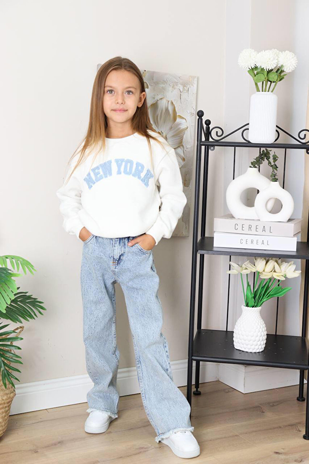 Kız Çocuk Mavi Jean Kotlu Pantolonlu Takım