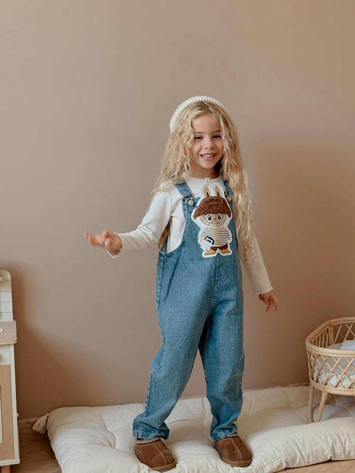 Kız Çocuk Mavi Hayvan Figürlü Kot Jean Kışlık Salopet