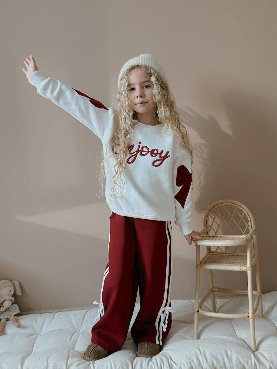 Kız Çocuk Enjoy Fiyonk Detaylı Sweatshirtli Kışlık Takım