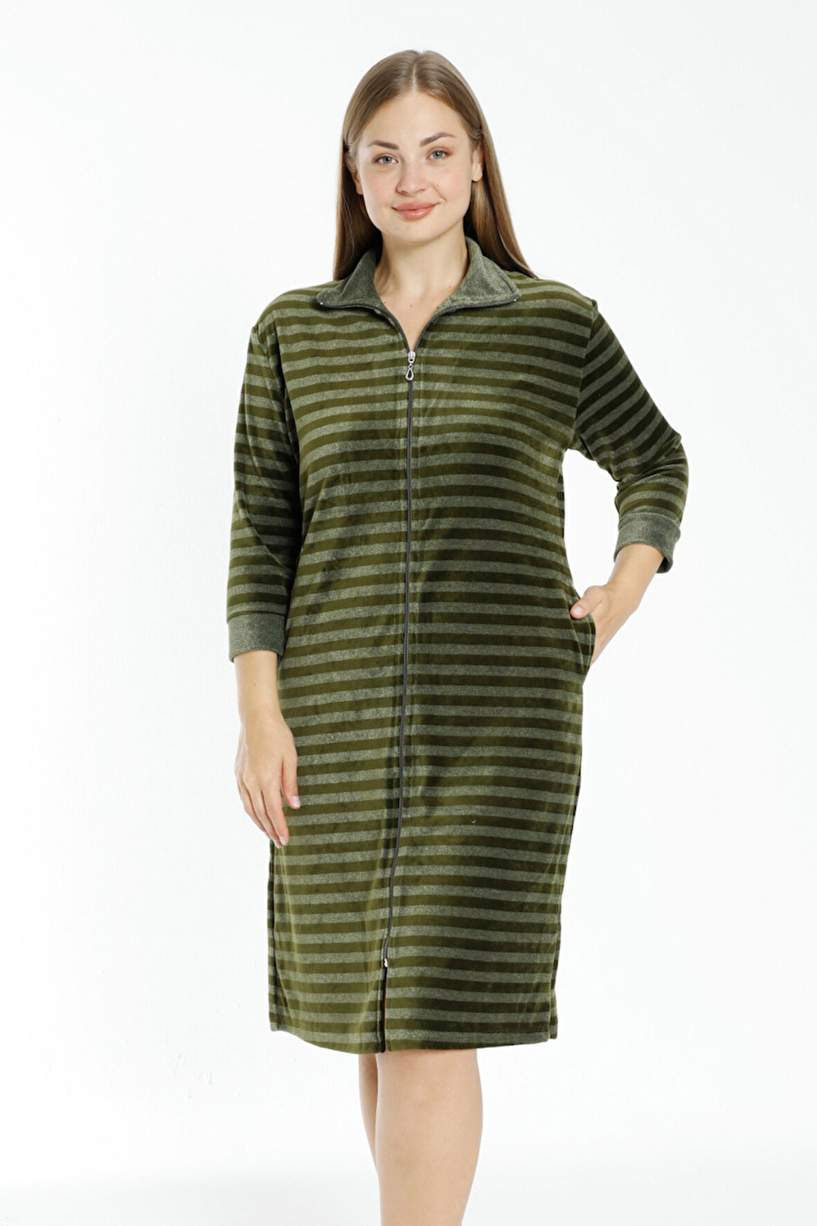 Çizgili Kadife Fermuarlı Cepli Büyük Beden Pamuklu Kadife Elbise