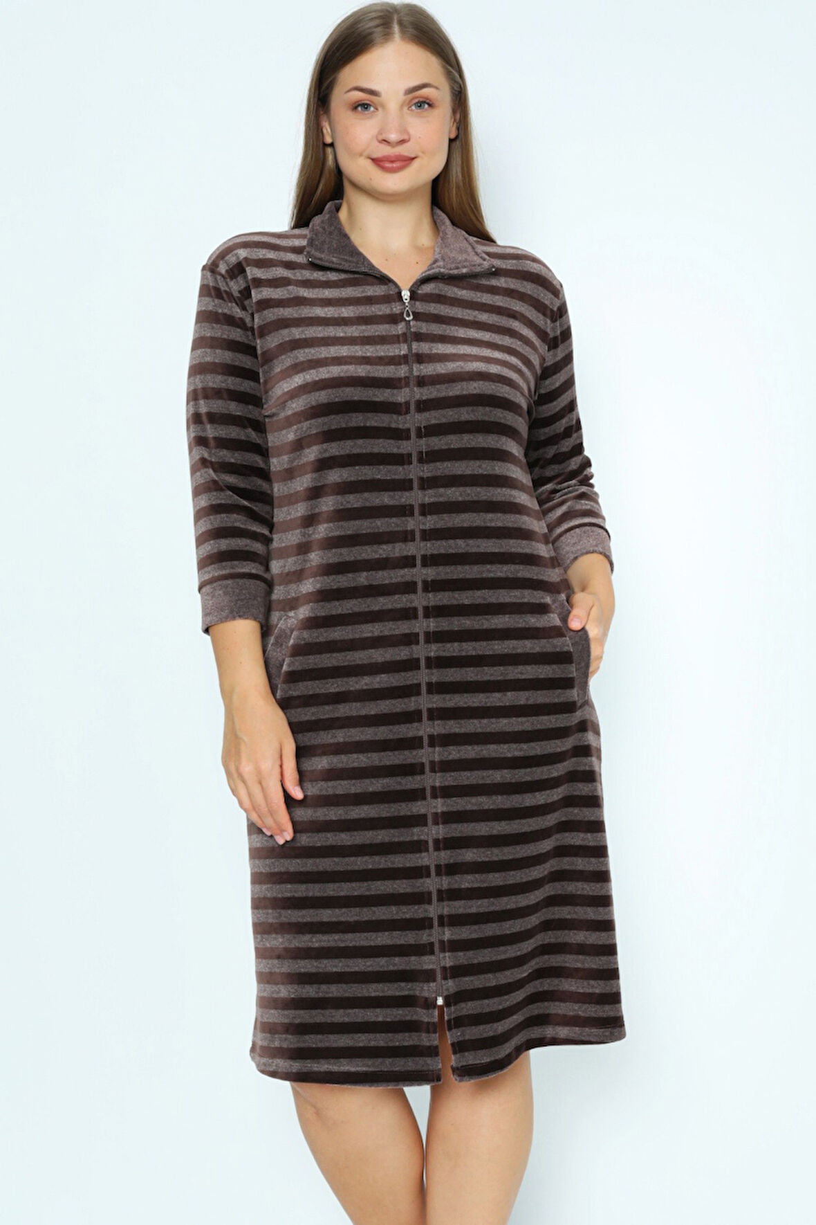 Çizgili Kadife Fermuarlı Cepli Büyük Beden Pamuklu Kadife Elbise