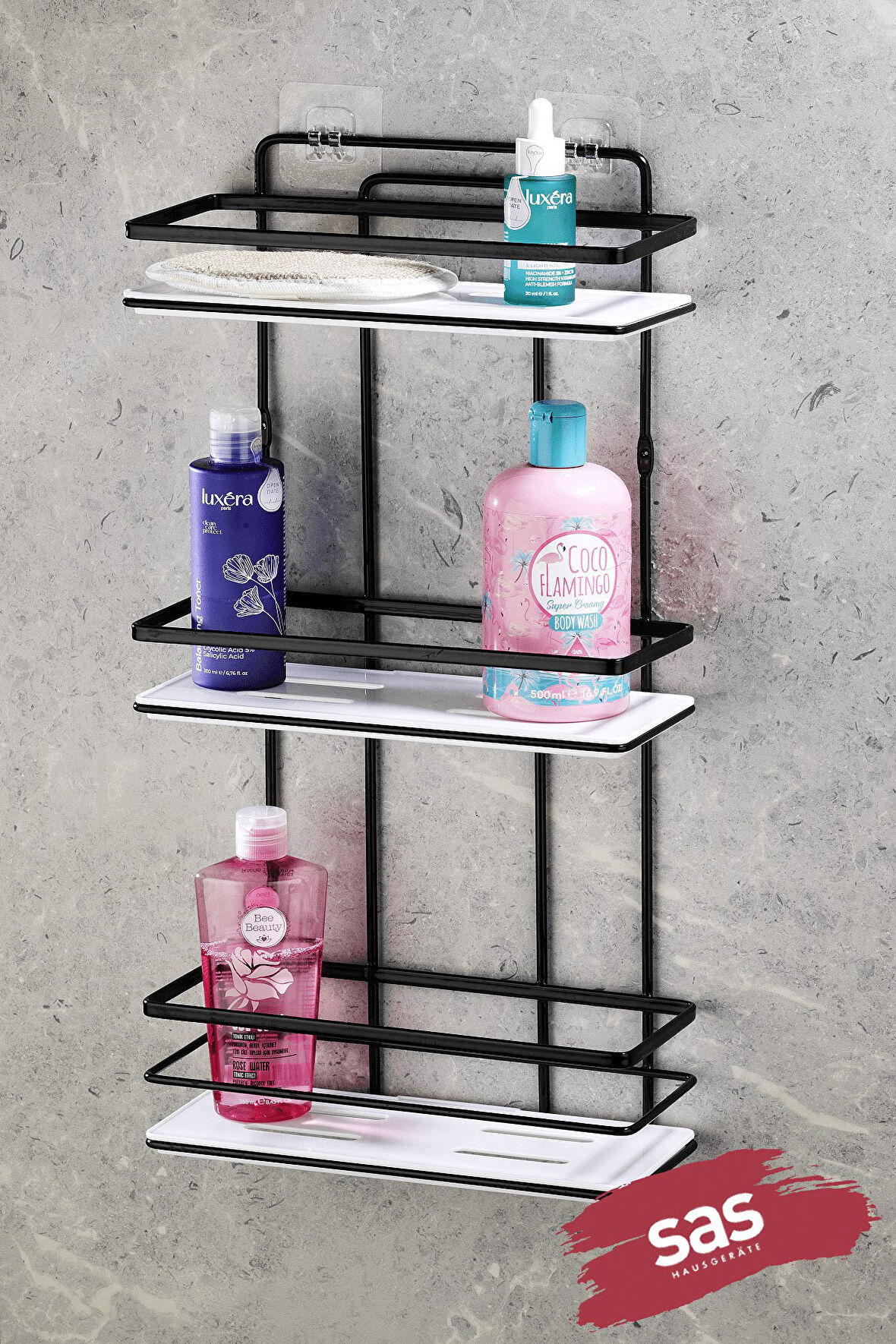 Yapışkanlı Ömür Boyu Paslanmaz Kristal Ayarlanabilir Raf Banyo Düzenleyici Şampuanlık Siyah - Beyaz 