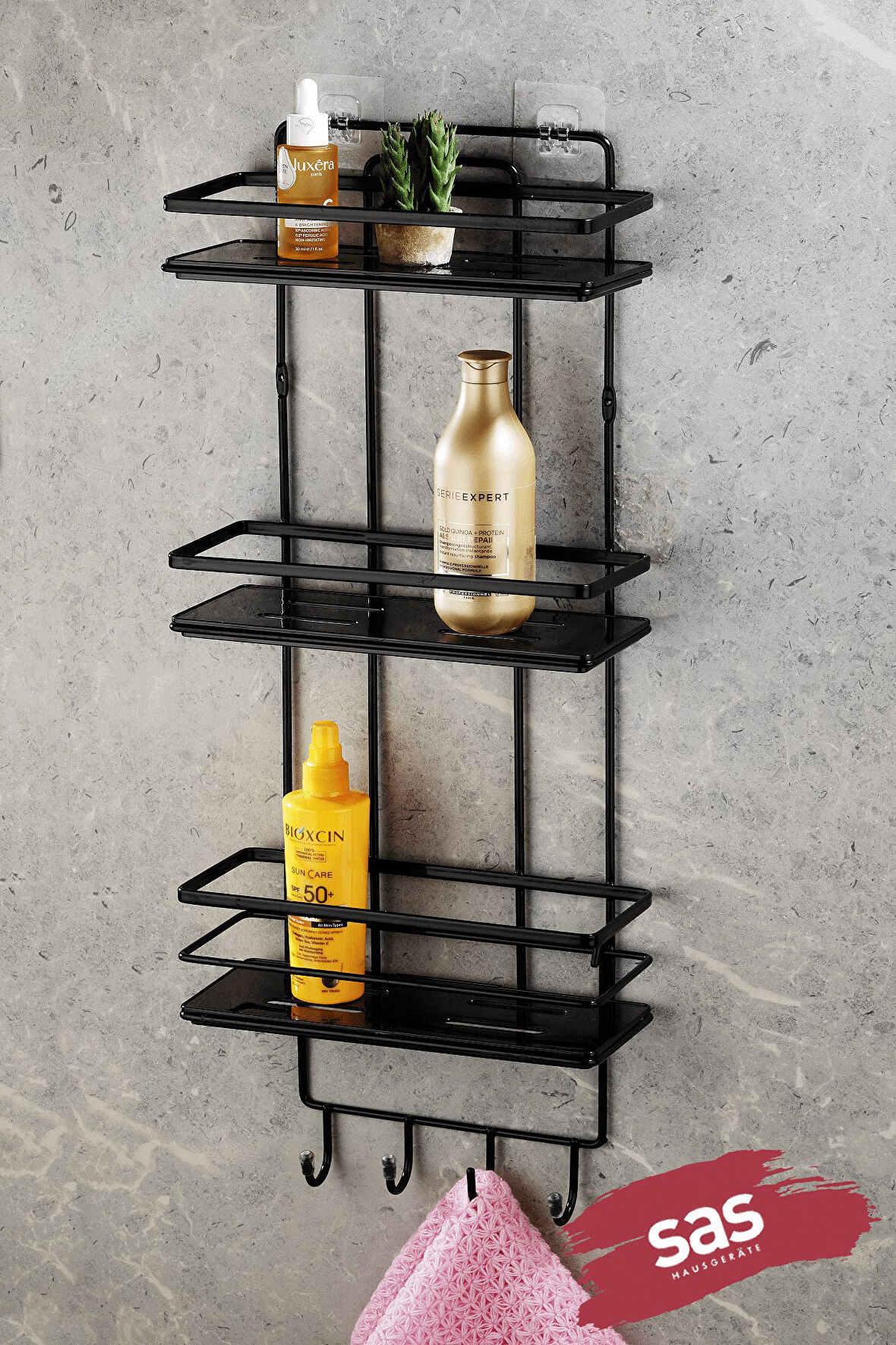 Yapışkanlı Ömür Boyu Paslanmaz Kristal Ayarlanabilir Raf Banyo Düzenleyici Şampuanlık Siyah - Siyah 