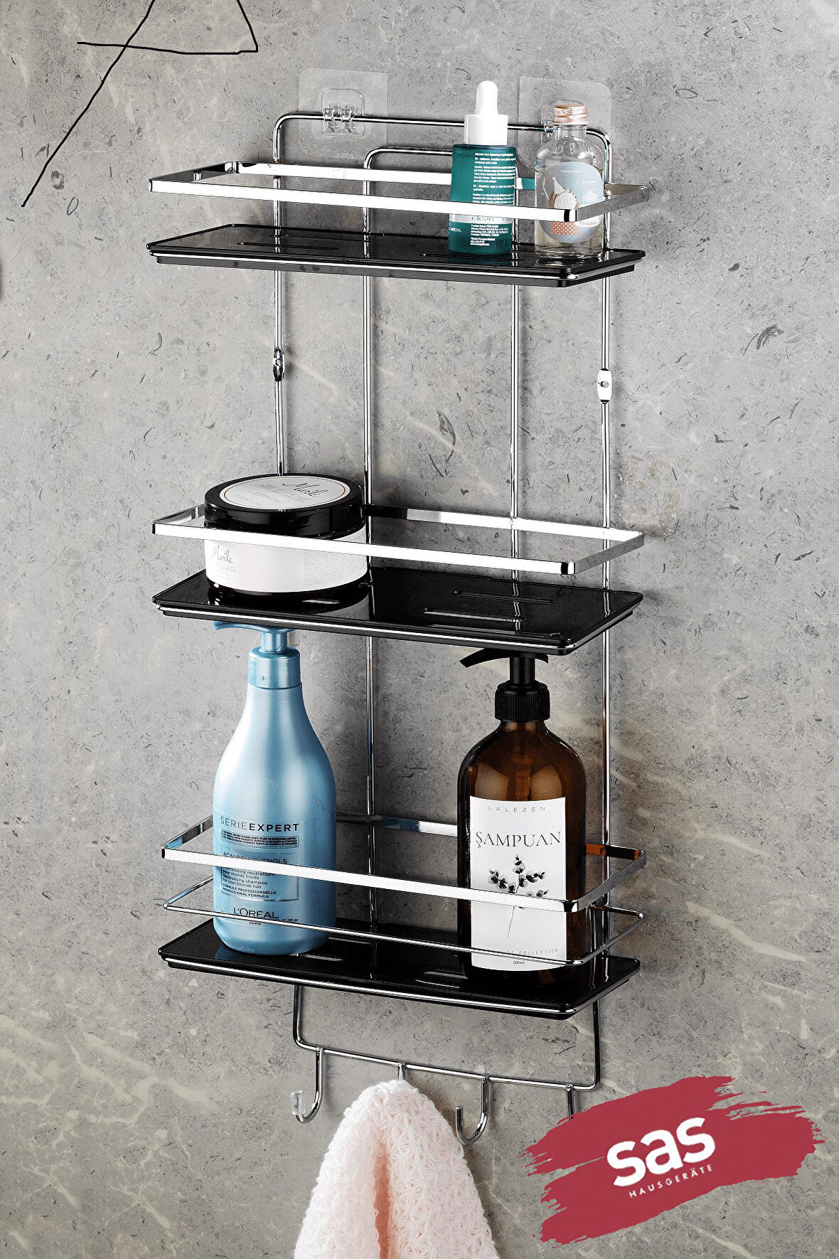 Yapışkanlı Ömür Boyu Paslanmaz Kristal Ayarlanabilir Raf Banyo Düzenleyici Şampuanlık KROM-SİYAH LŞ-