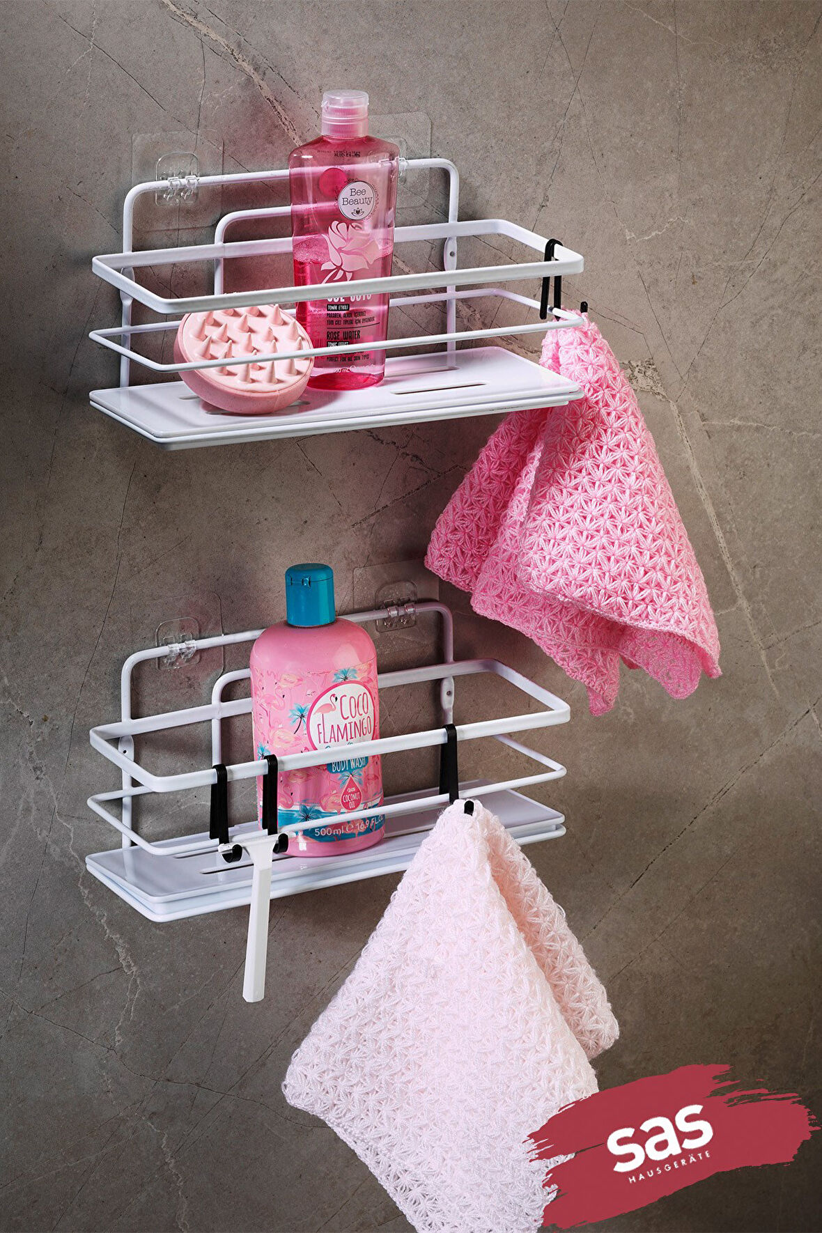 Yapışkanlı Ömür Boyu Paslanmaz Kristal Ayarlanabilir Raf Banyo Düzenleyici Şampuanlık 2 ADET Beyaz