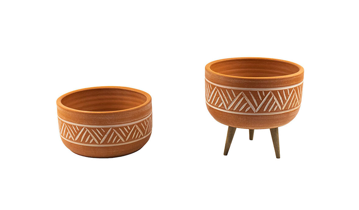 Ev Dekorasyon Terakota Hitit Desenli Toprak Aranjman ve Bonzai Saksı Ayaksız ve 3 Ayaklı İkili Set