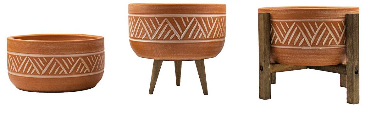 Ev Dekorasyon Terakota Hitit Desenli Toprak Aranjman ve Bonzai Saksı Üçlü Set