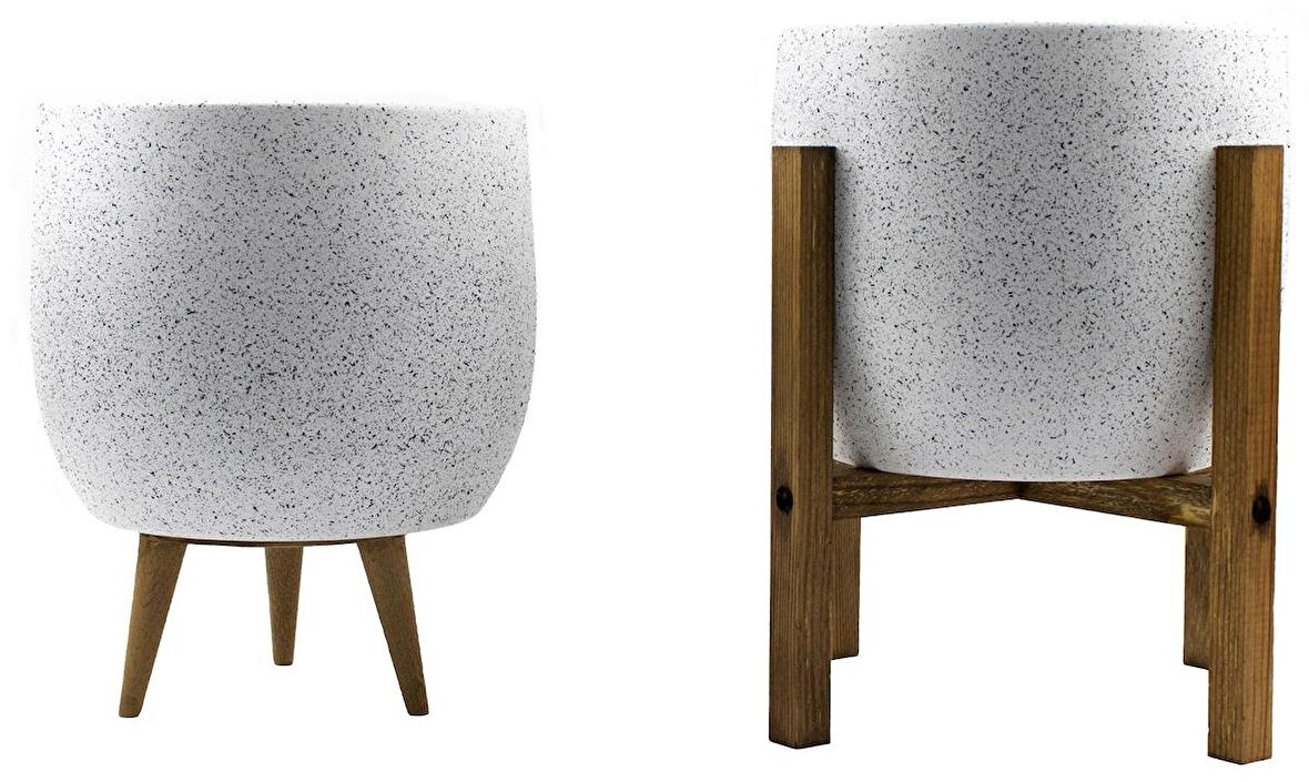 Bitki Tasarımı Ev Dekorasyon Aksesuar Beyaz Granit Toprak Saksı Saksılık Salon Çiçeklik İkili Set 3 Ayaklı- 4 Ayaklı- 19 CM