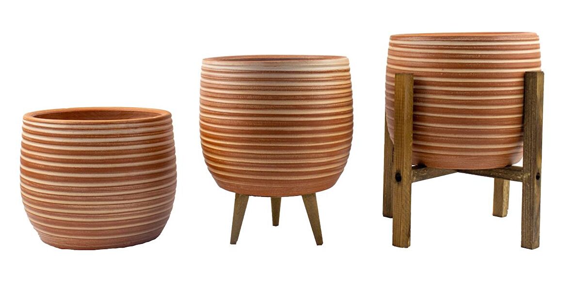 Bitki Tasarımı Ev Dekorasyon Yan Çizgi Desenli Toprak Saksı Saksılık Salon Çiçeklik Üçlü Set - 19 CM