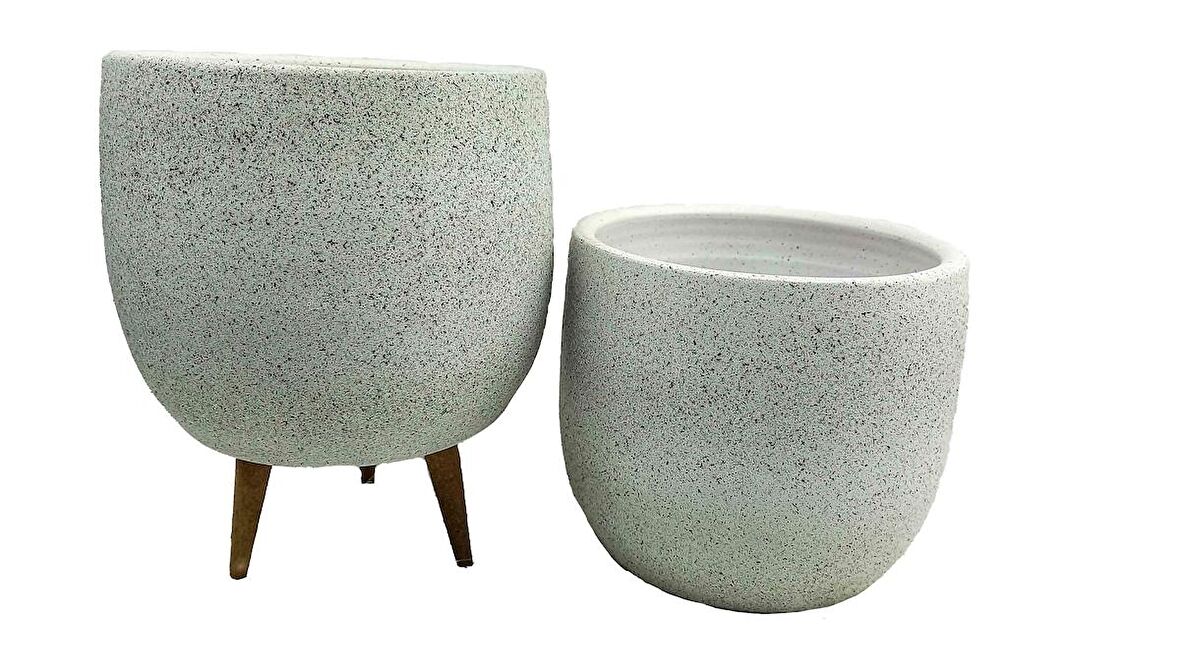Bitki Tasarımı Ev Dekorasyon Aksesuar Beyaz Granit Toprak Saksı Saksılık Salon Çiçeklik İkili Set Ayaksız - 3 Ayaklı- 19 CM