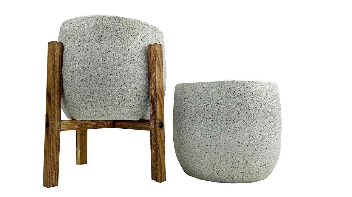 Bitki Tasarımı Ev Dekorasyon Aksesuar Beyaz Granit Toprak Saksı Saksılık Salon Çiçeklik İkili Set Ayaksız - 4 Ayaklı- 19 CM