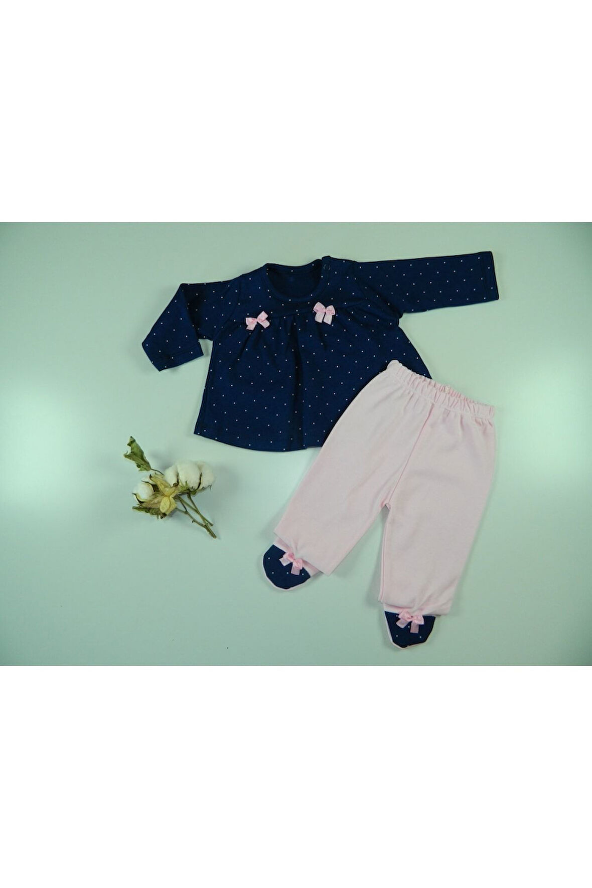 Kız Bebek Lacivert Puanlı Kurdeleli İkili Takım