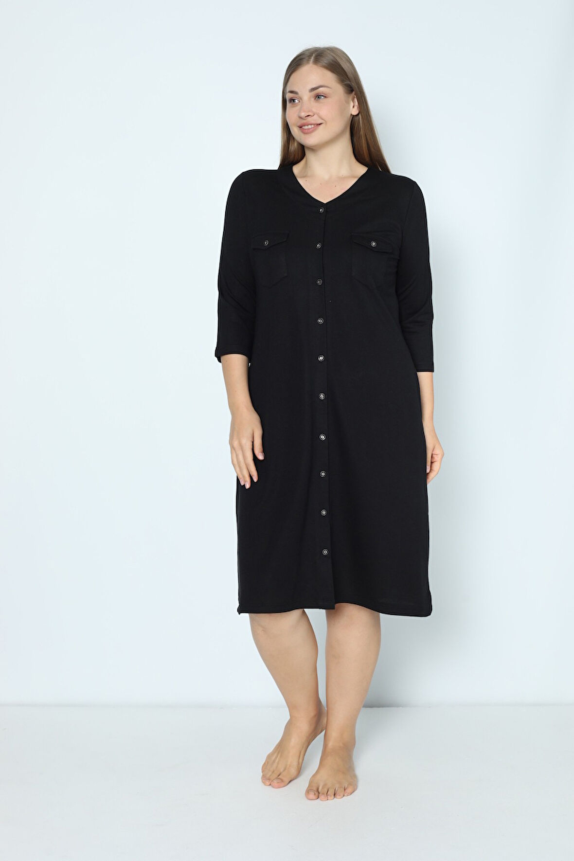 Siyah Cepli V Yaka Düğmeli Büyük Beden Iki Iplik Elbise