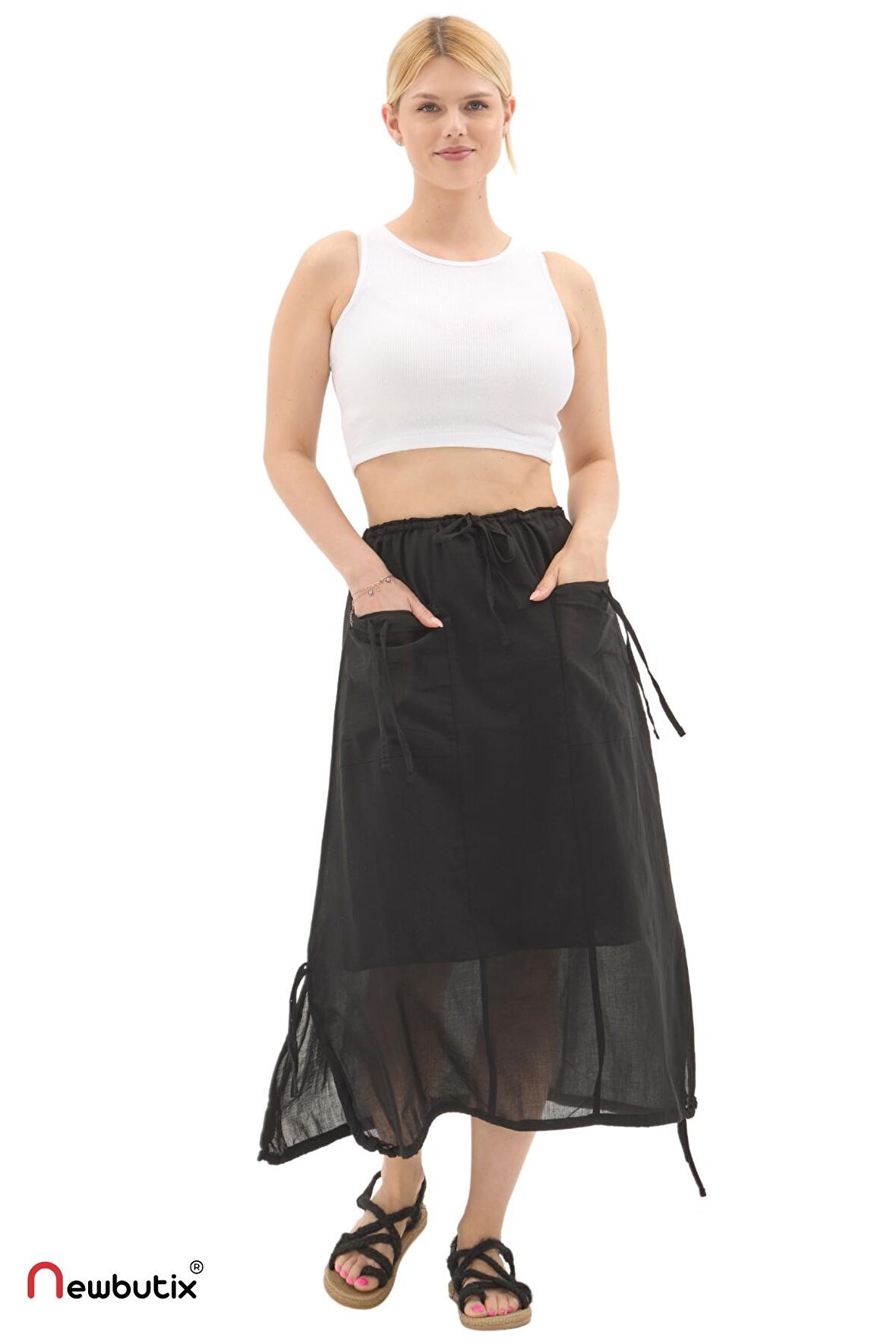 Siyah Vual Bağlama Detay Midi Boy Yazlık Etek