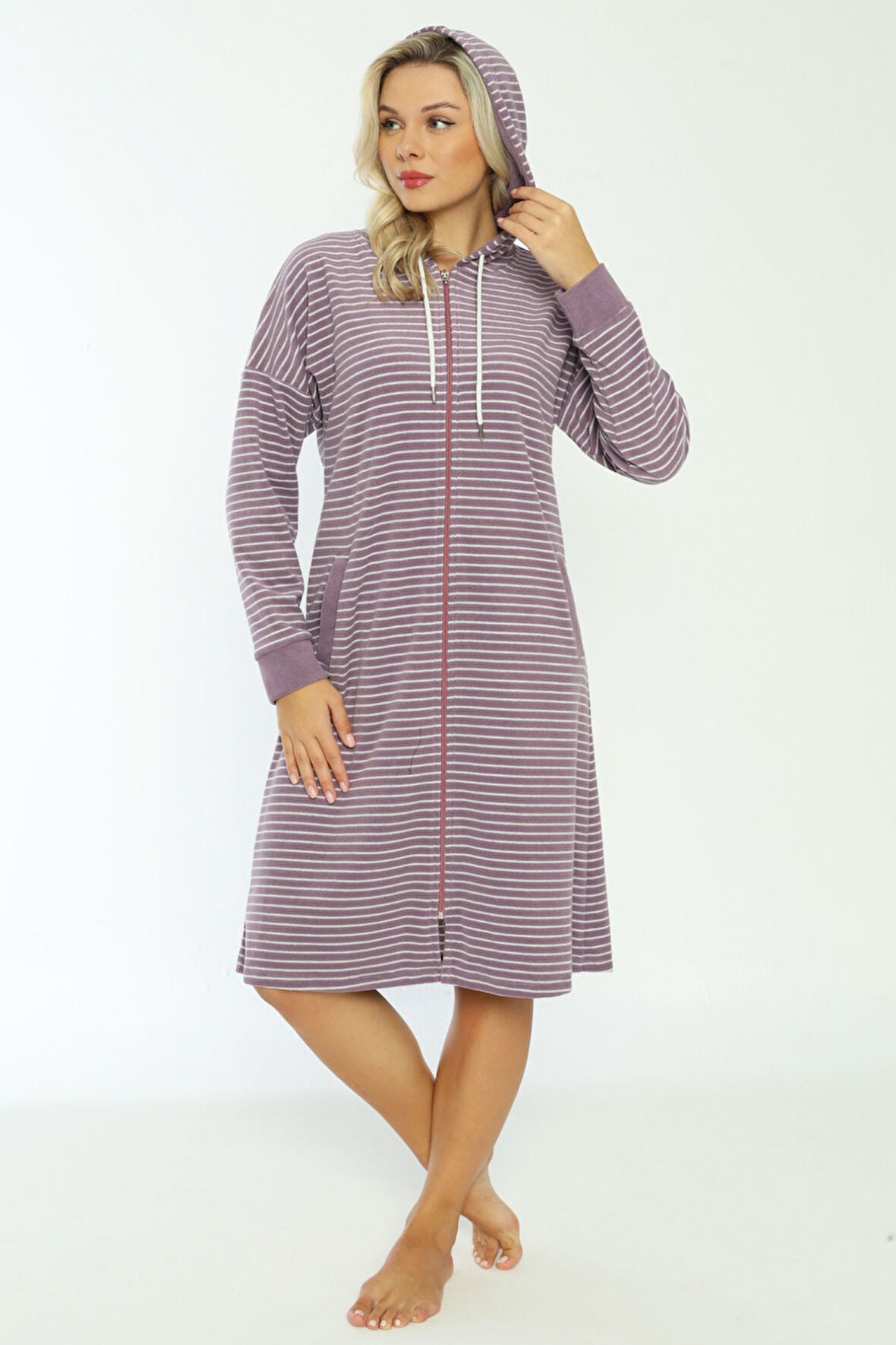 Kapüşonlü Çizgi Desenli Pamuklu Fermuarlı Elbise