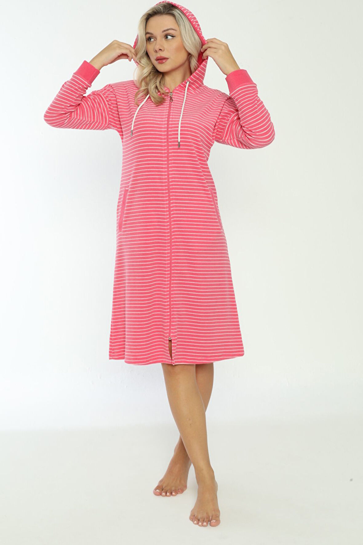 Kapüşonlü Çizgi Desenli Pamuklu Fermuarlı Elbise
