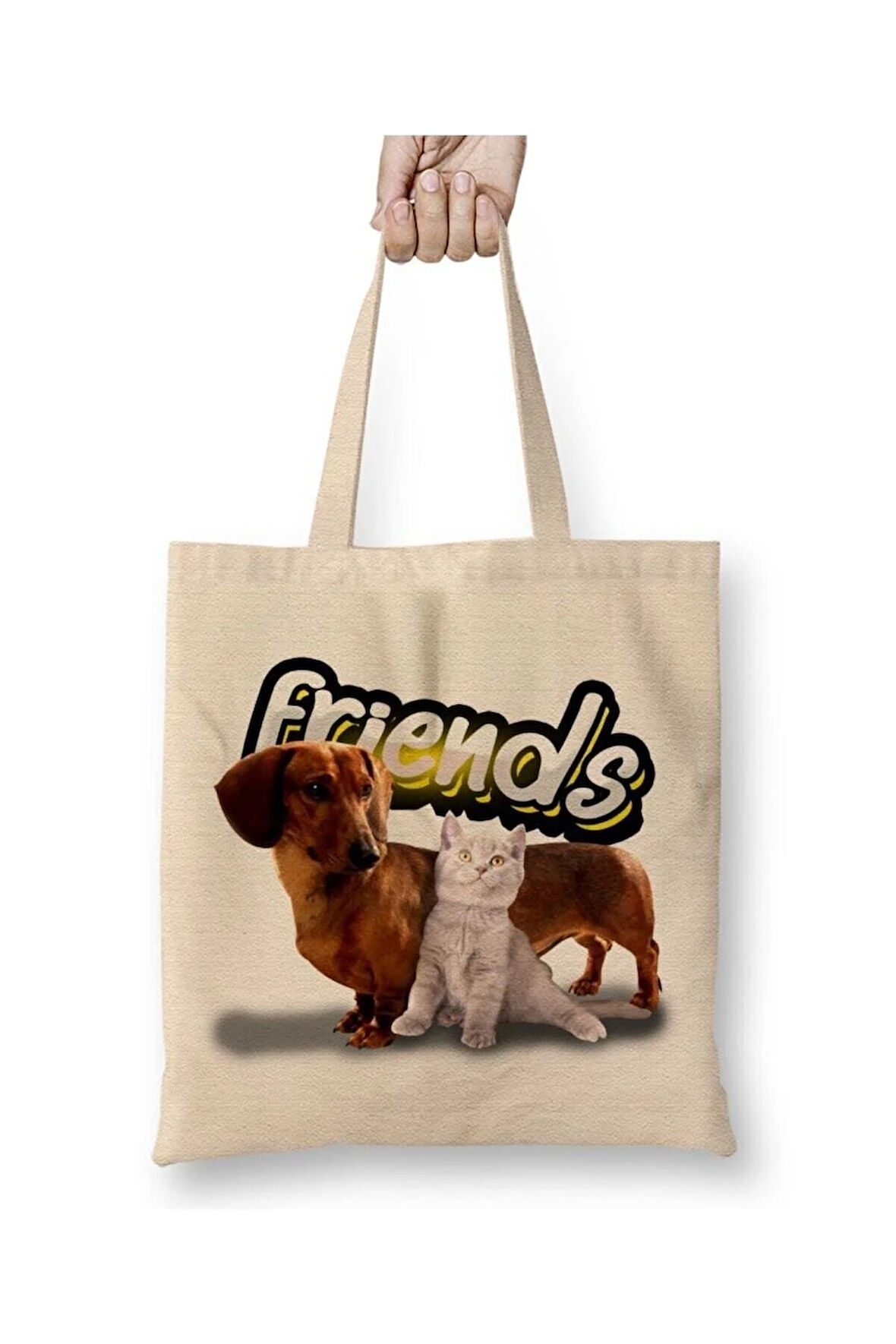 Amigos Sinceros Pug Cat Köpek Kedi Dostluk Beyaz Bez Çanta Uzun Saplı Alışveriş Çantası