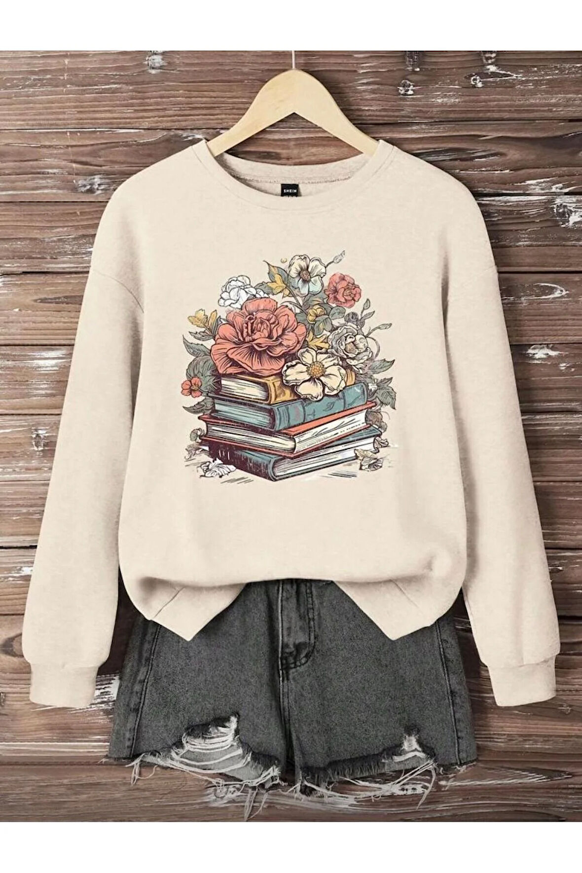 Kitap Ve Çiçek Baskı Detaylı Bisiklet Yaka İçi Polarlı Sweatshirt