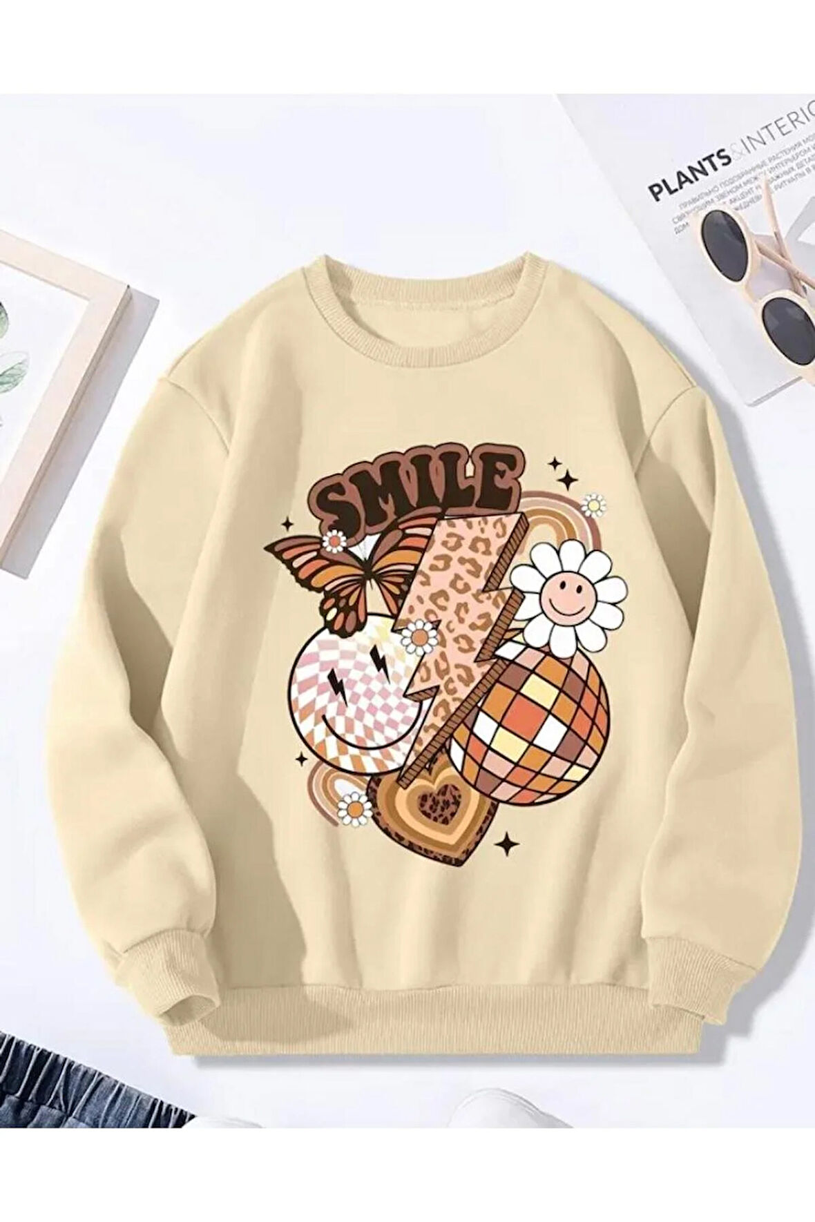 Smile Baskı Detaylı Bisiklet Yaka İçi Polarlı Sweatshirt