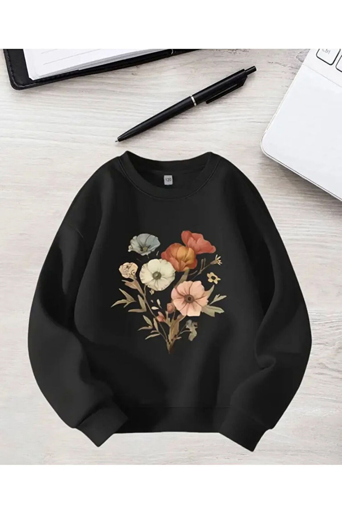 Çiçek Demeti Baskı Detaylı Bisiklet Yaka İçi Polarlı Sweatshirt