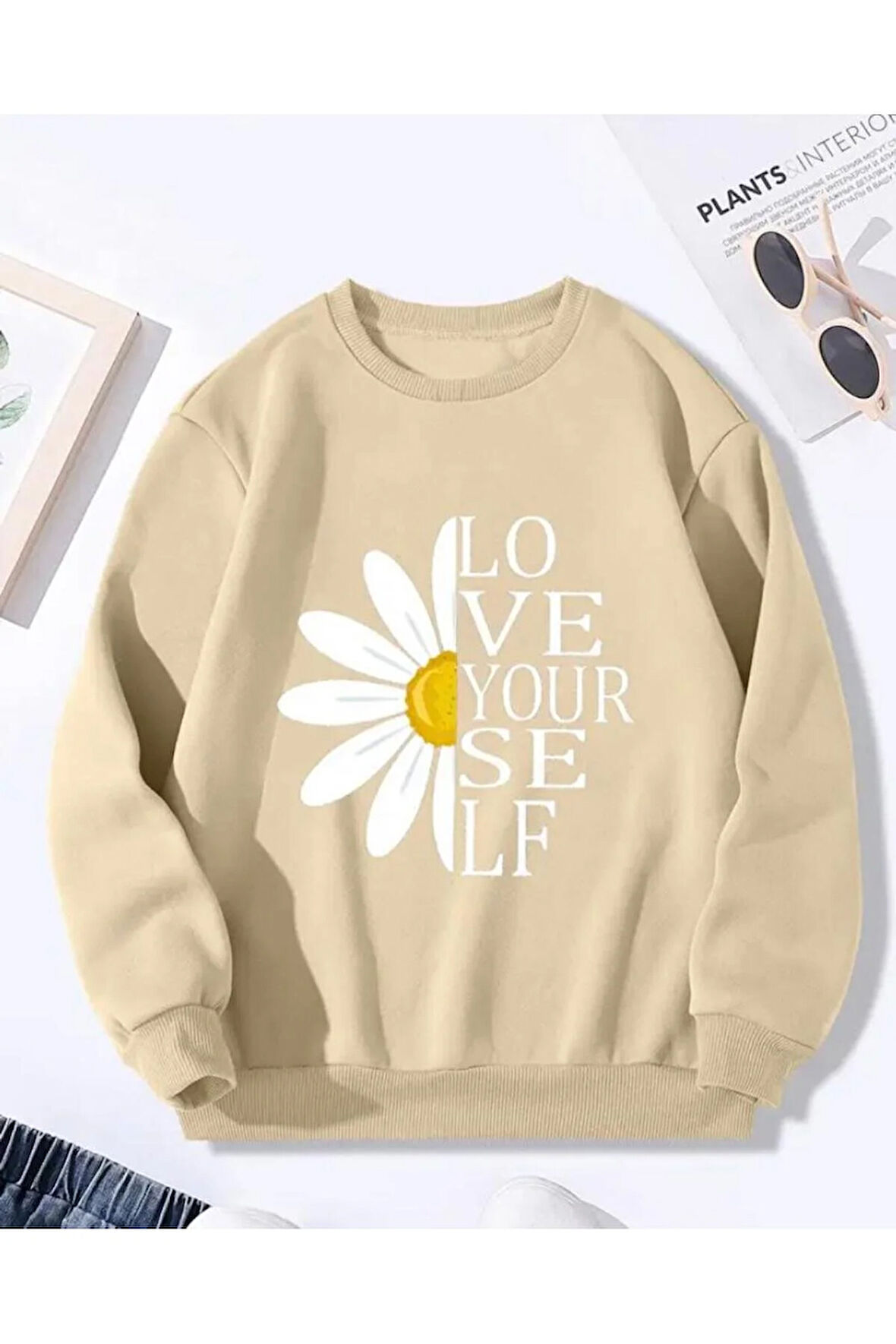 Papatya Baskı Detaylı Bisiklet Yaka İçi Polarlı Sweatshirt