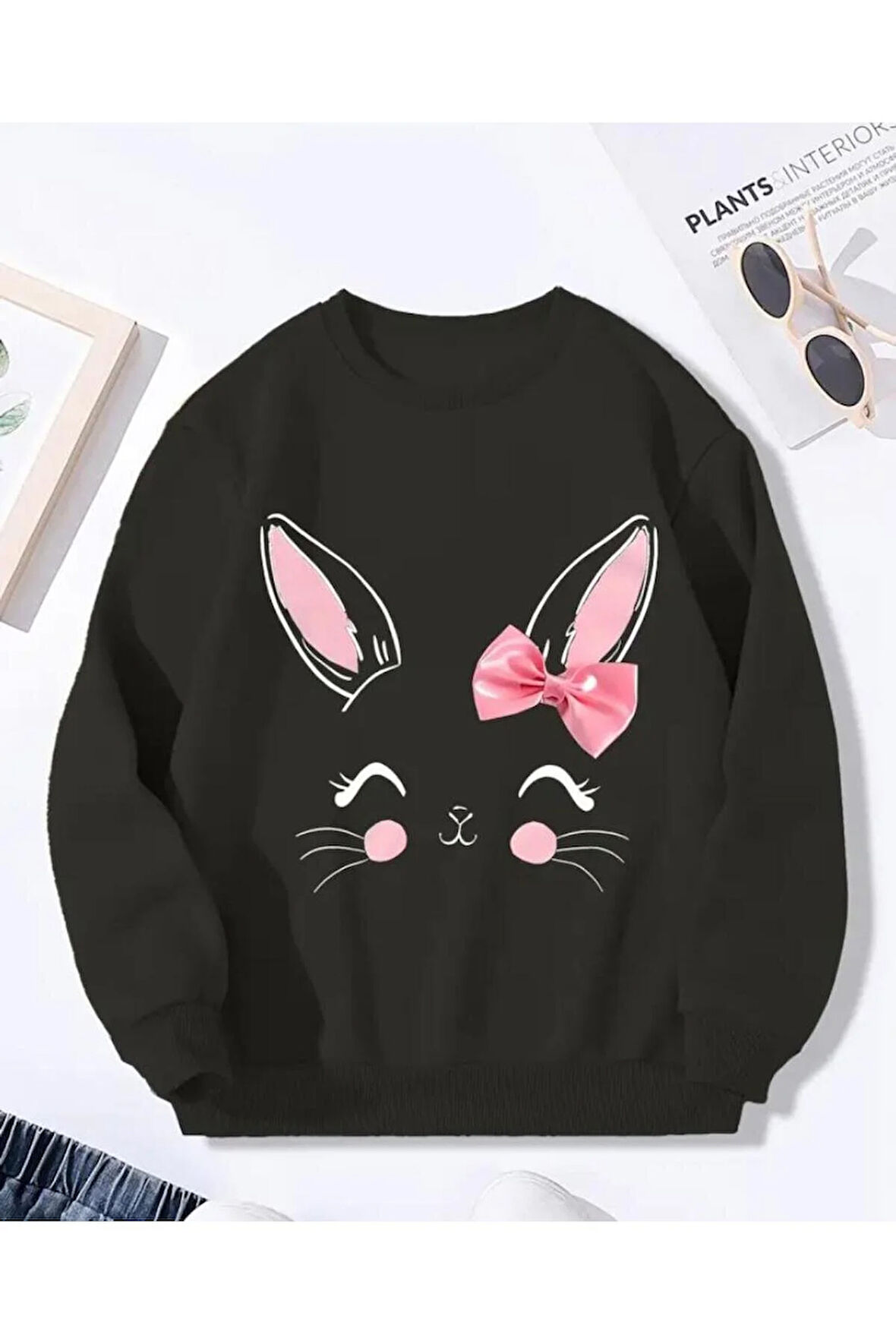 Sevimli Tavşan Baskı Detaylı Bisiklet Yaka İçi Polarlı Sweatshirt