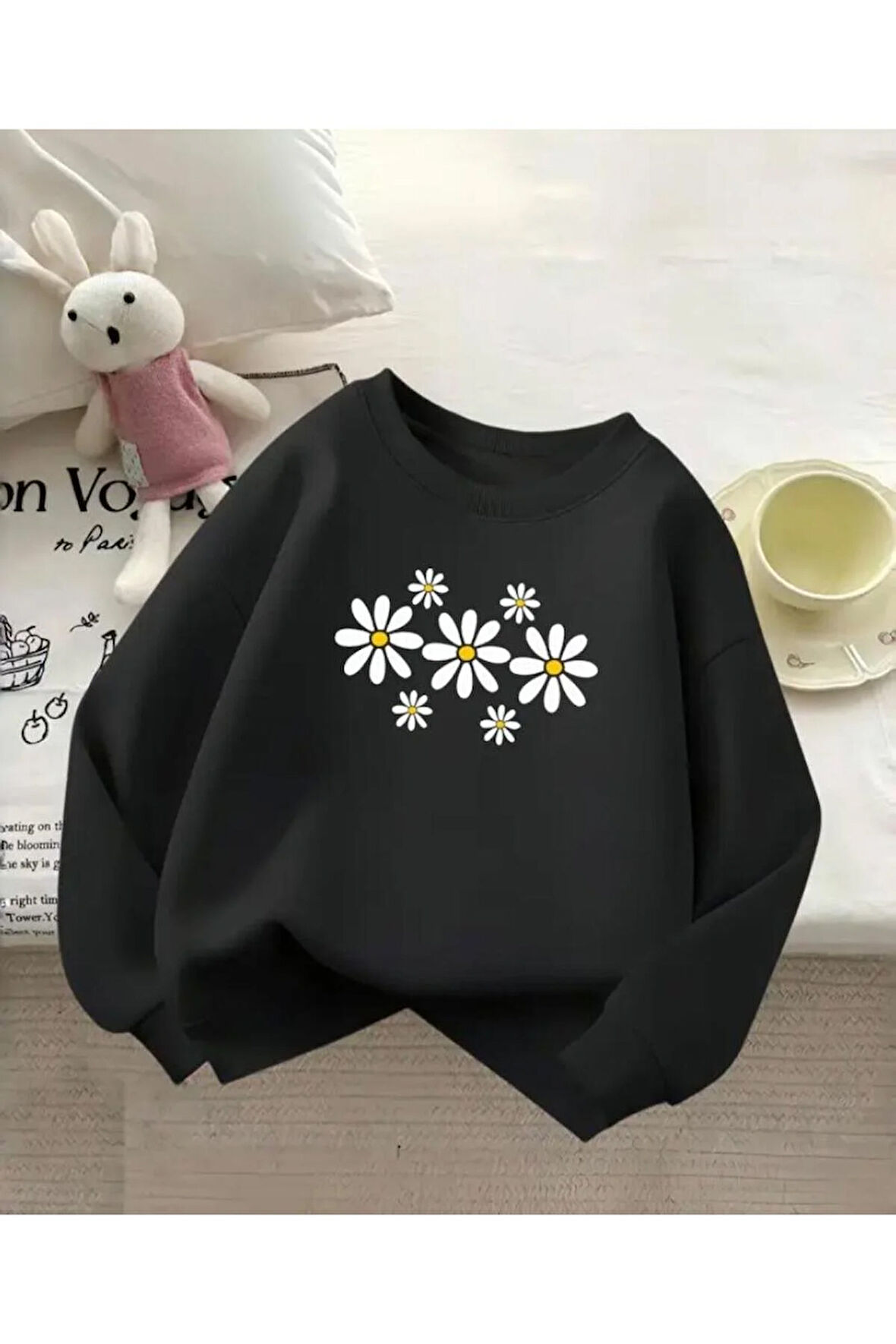 Papatya Baskı Detaylı Bisiklet Yaka İçi Polarlı Sweatshirt