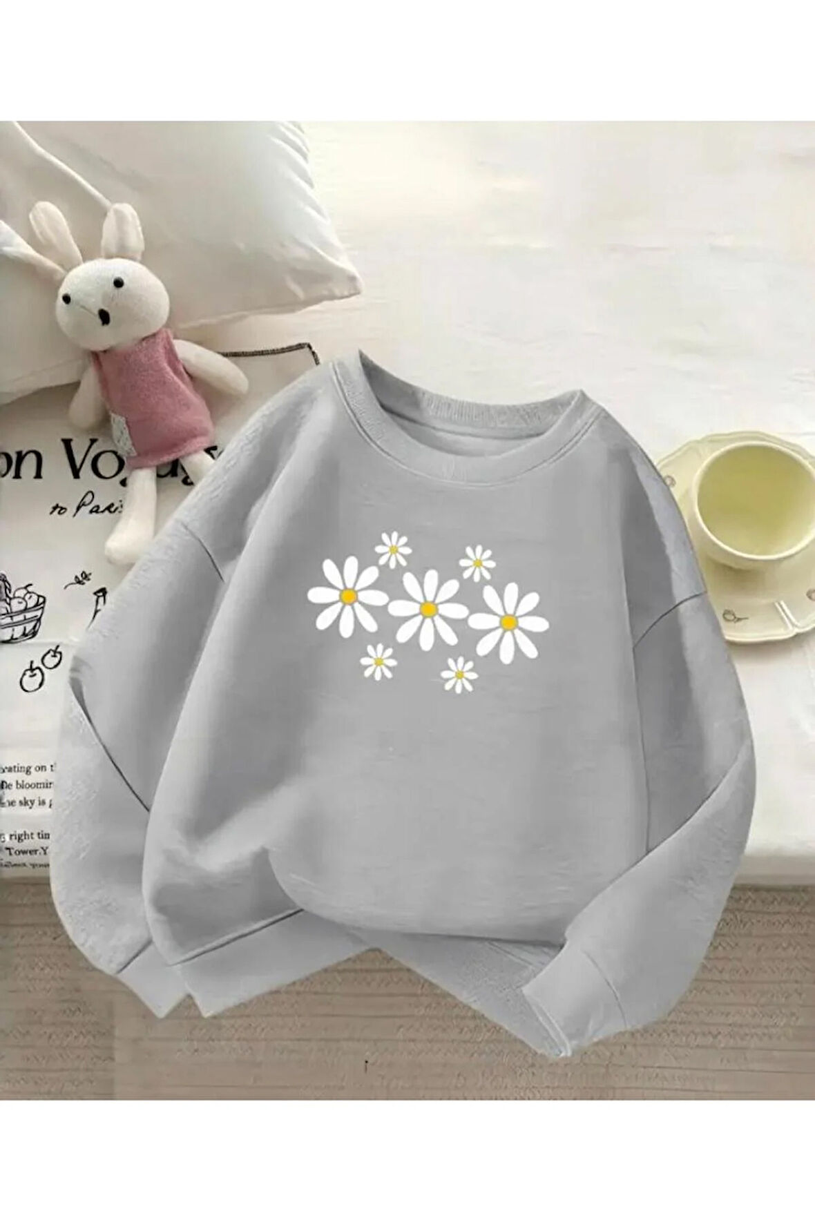 Papatya Baskı Detaylı Bisiklet Yaka İçi Polarlı Sweatshirt