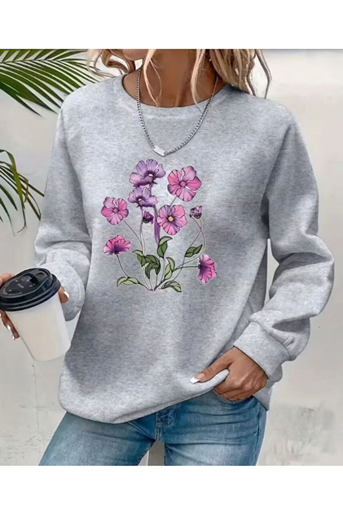 Mor Çiçek Demeti Baskı Detaylı Bisiklet Yaka İçi Polarlı Sweatshirt