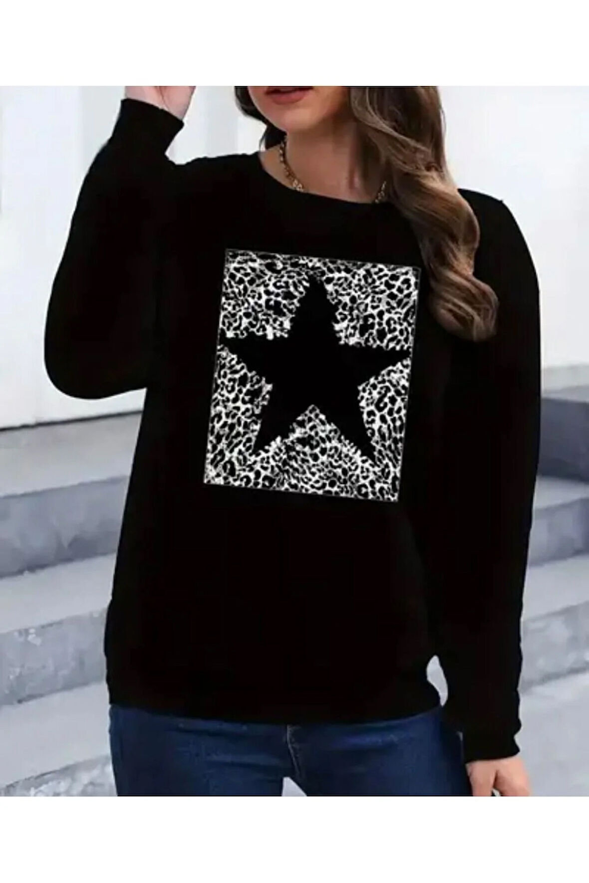 Yıldız Baskı Detaylı Bisiklet Yaka İçi Polarlı Sweatshirt