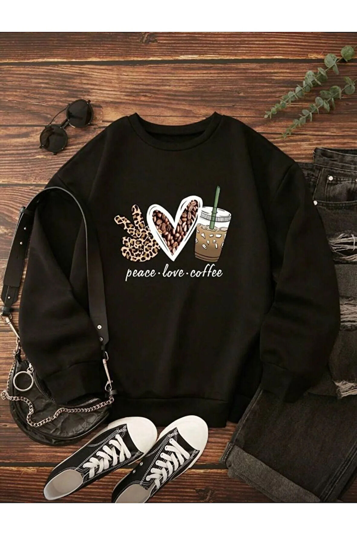Peace Love Detaylı Bisiklet Yaka İçi Polarlı Sweatshirt