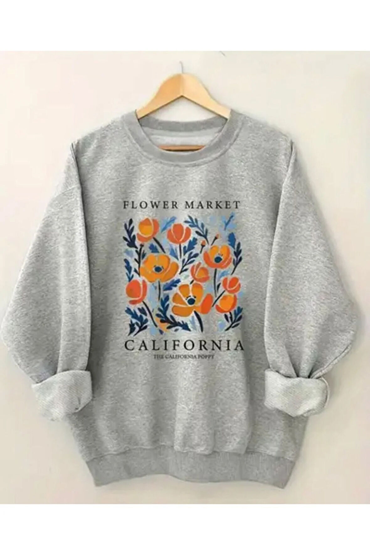 Çiçekler Baskı Detaylı Bisiklet Yaka İçi Polarlı Sweatshirt