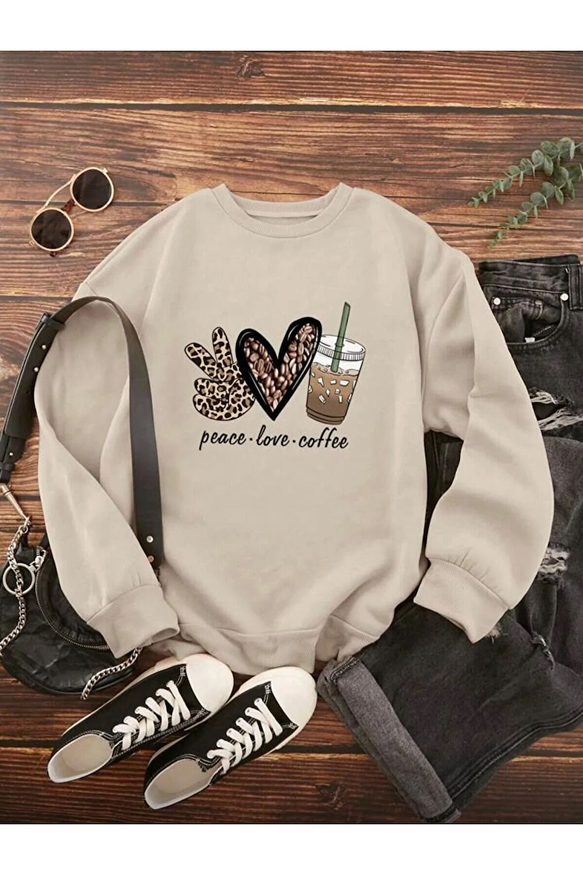 Peace Love Detaylı Bisiklet Yaka İçi Polarlı Sweatshirt