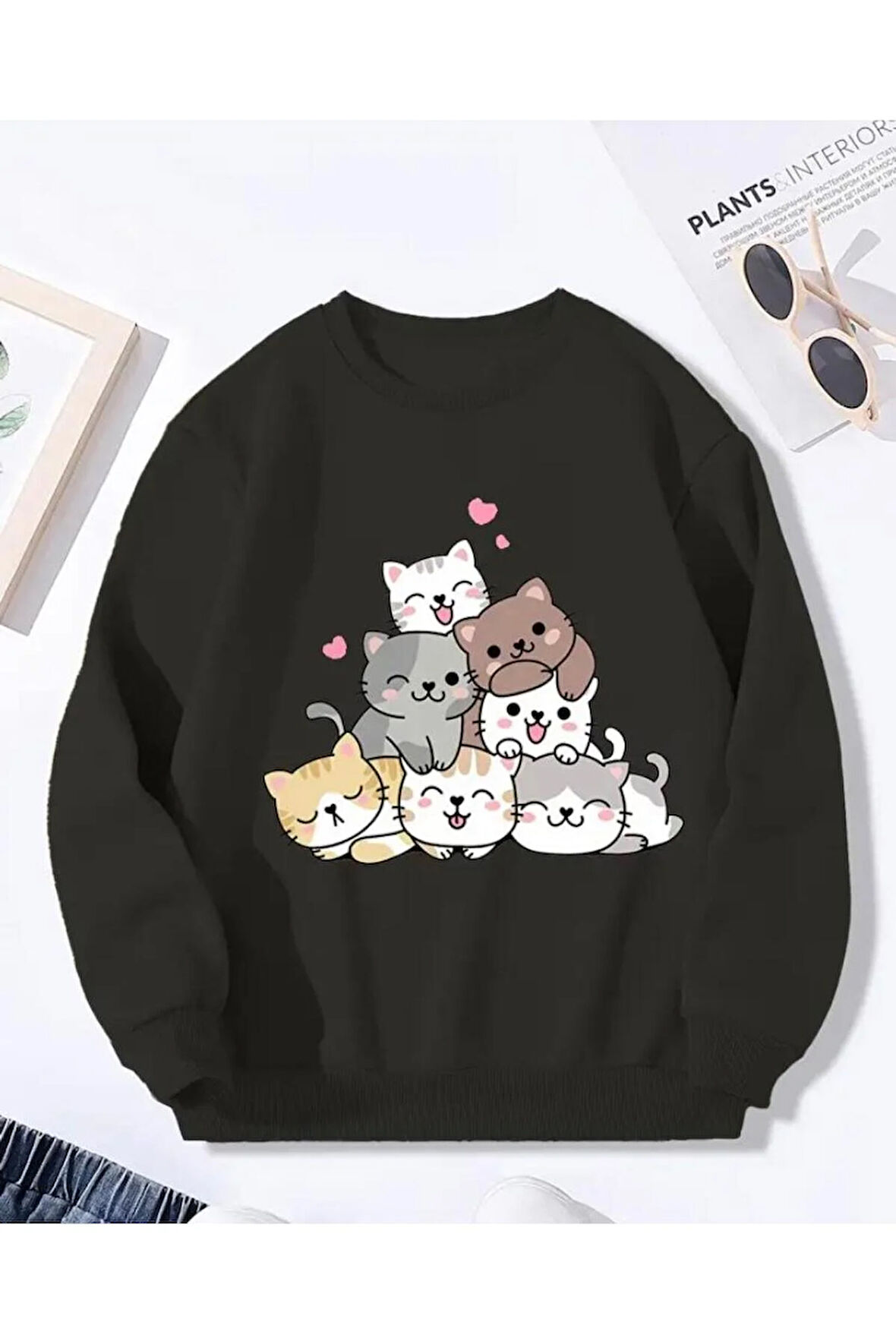 Sevimli Kedi Detaylı Bisiklet Yaka İçi Polarlı Sweatshirt