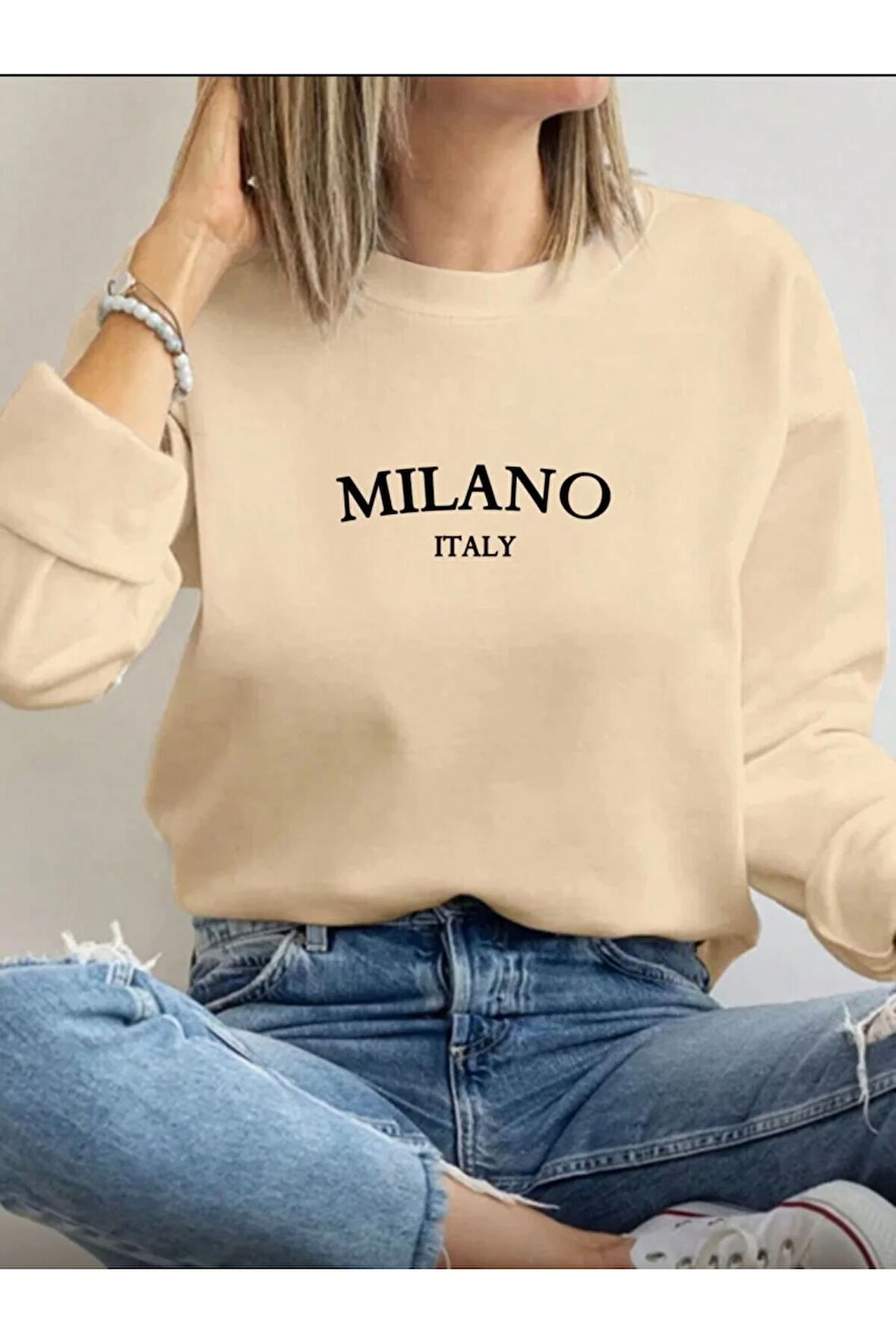 Milano Baskı Detaylı Bisiklet Yaka İçi Polarlı Sweatshirt