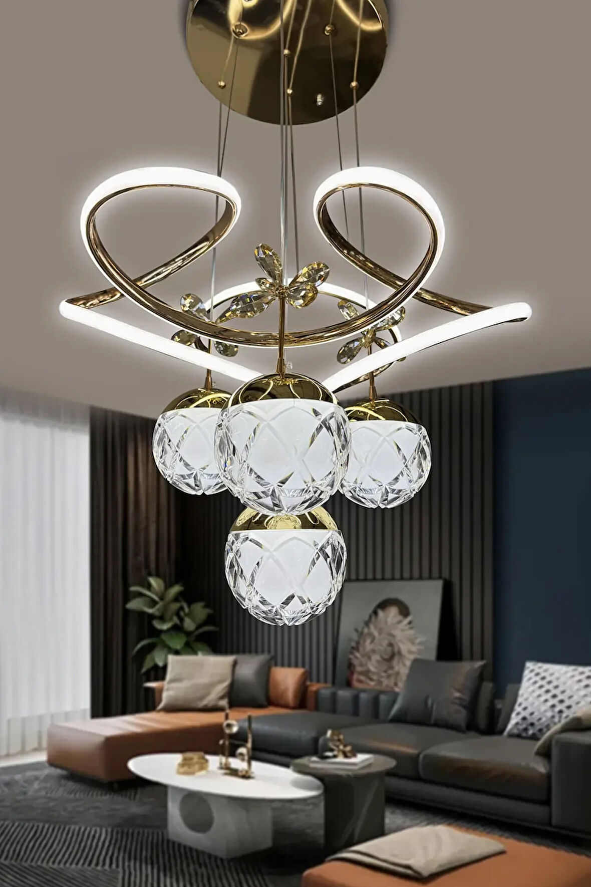 Elmas Top Dron Modern Sarkıt 4 Toplu Led Avize Powerled Ledli Avize - 3 Renk Kumandalı