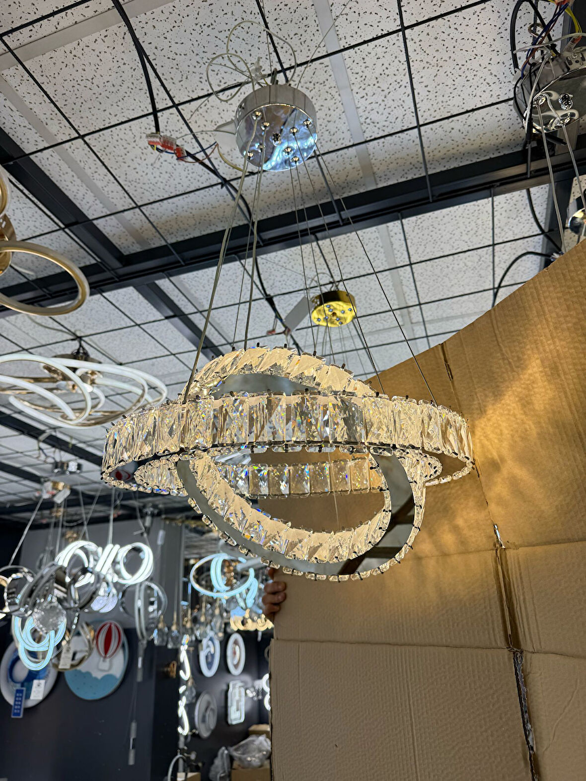 2 Daire Taşlı Modern Salon Sarkıt Avize İthal - 3 Renk Kumandalı