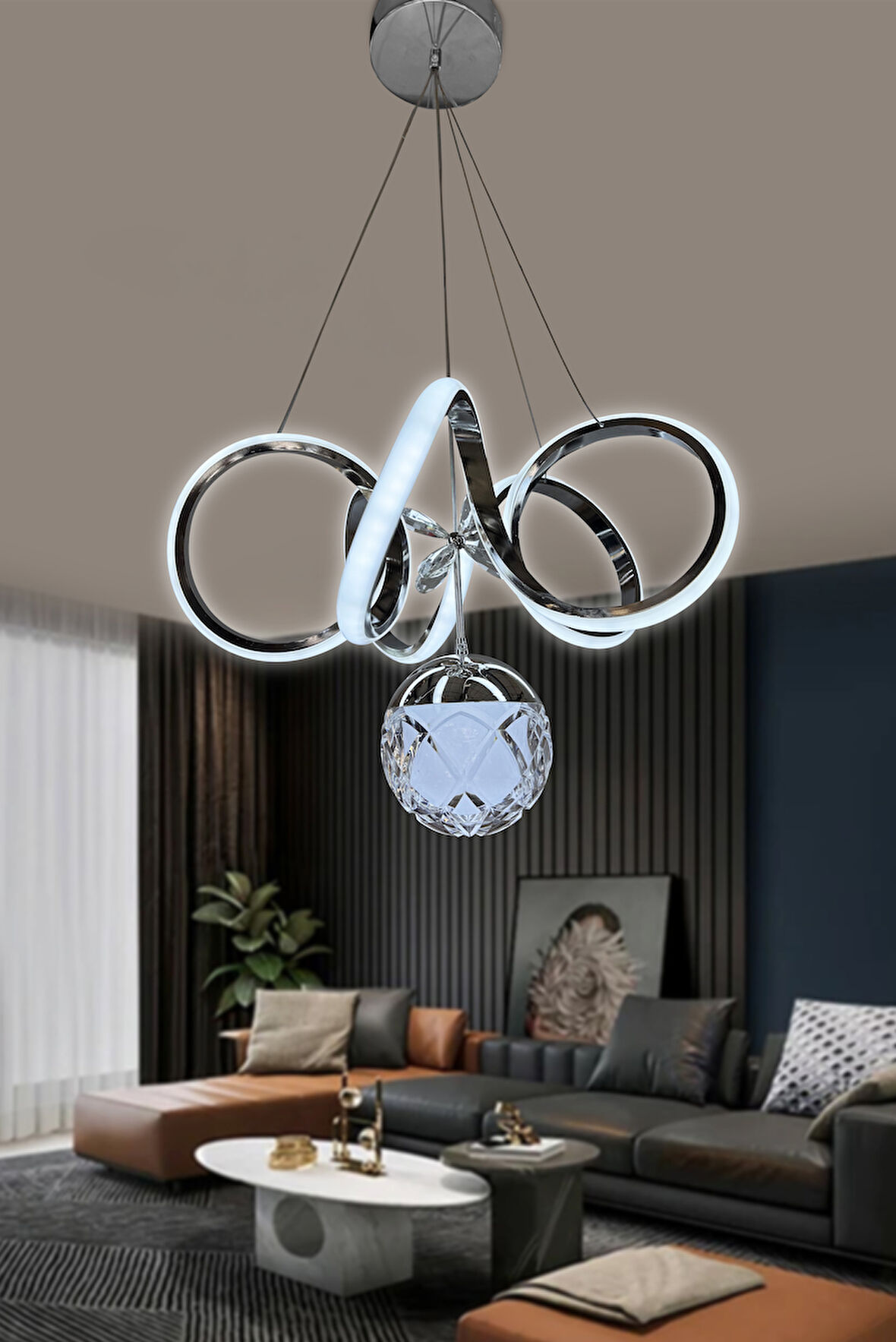 Kıvrım Tekli Cam Toplu Modern Oturma Led Avizesi