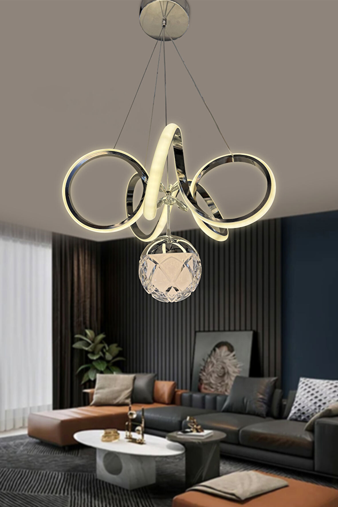 Kıvrım Tekli Cam Toplu Modern Oturma Led Avizesi