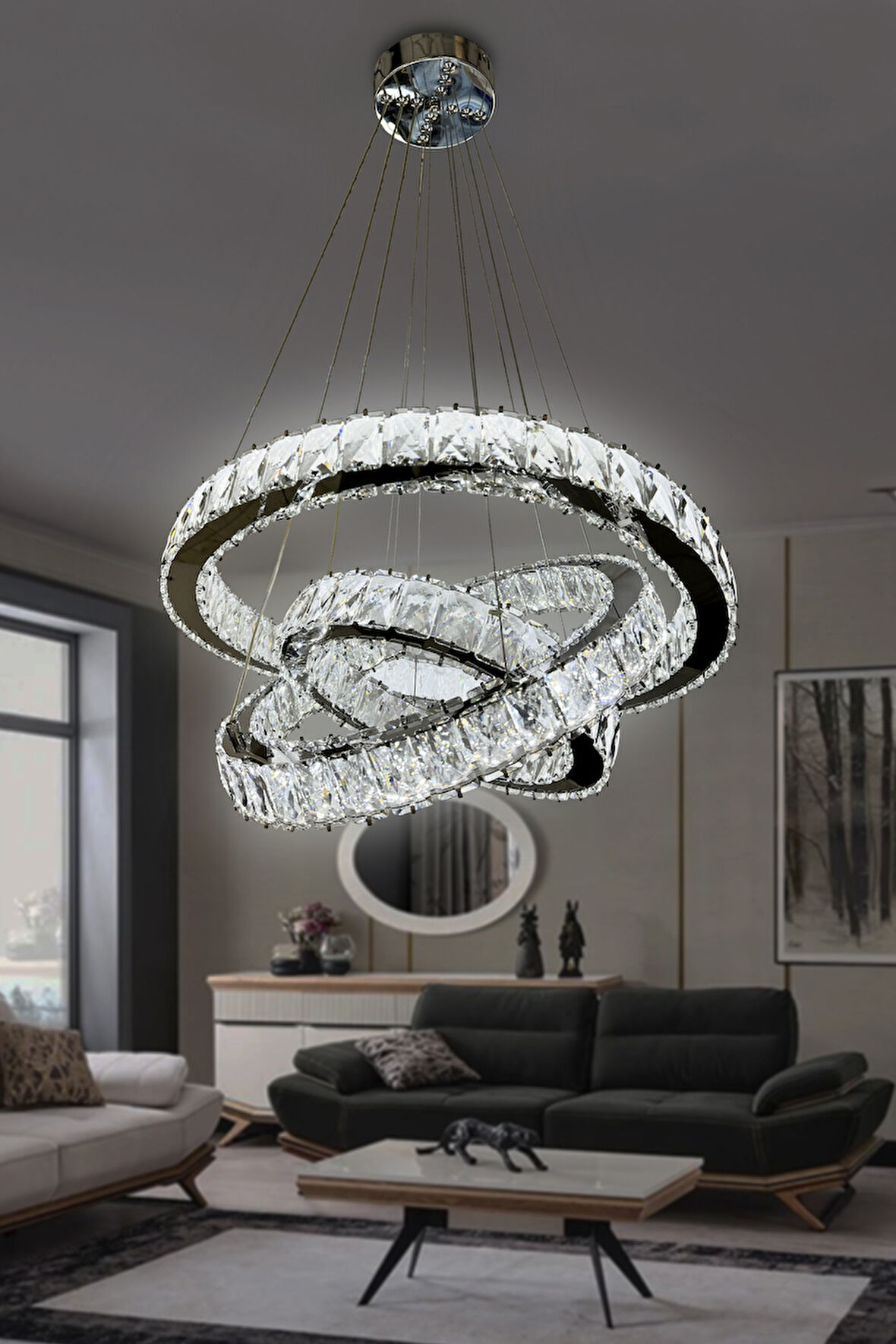  3 Katlı Daire Taşlı Ledli Modern Avize