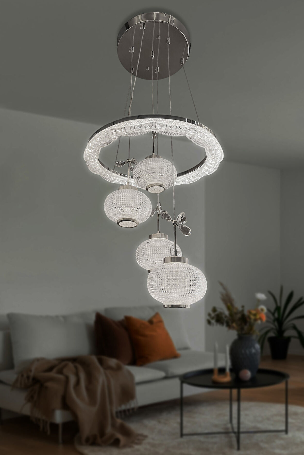 Kristal Küre 4 lü Modern Sarkıt Led Avize